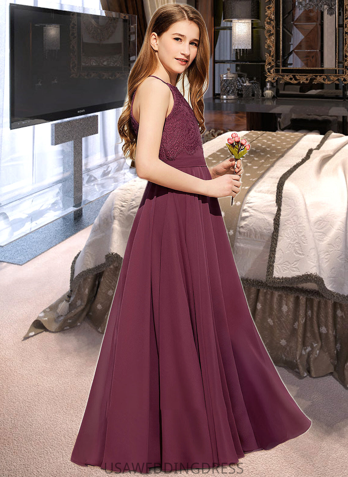 Londyn A-Line Square Neckline Floor-Length Chiffon Lace Junior Bridesmaid Dress DSP0013434