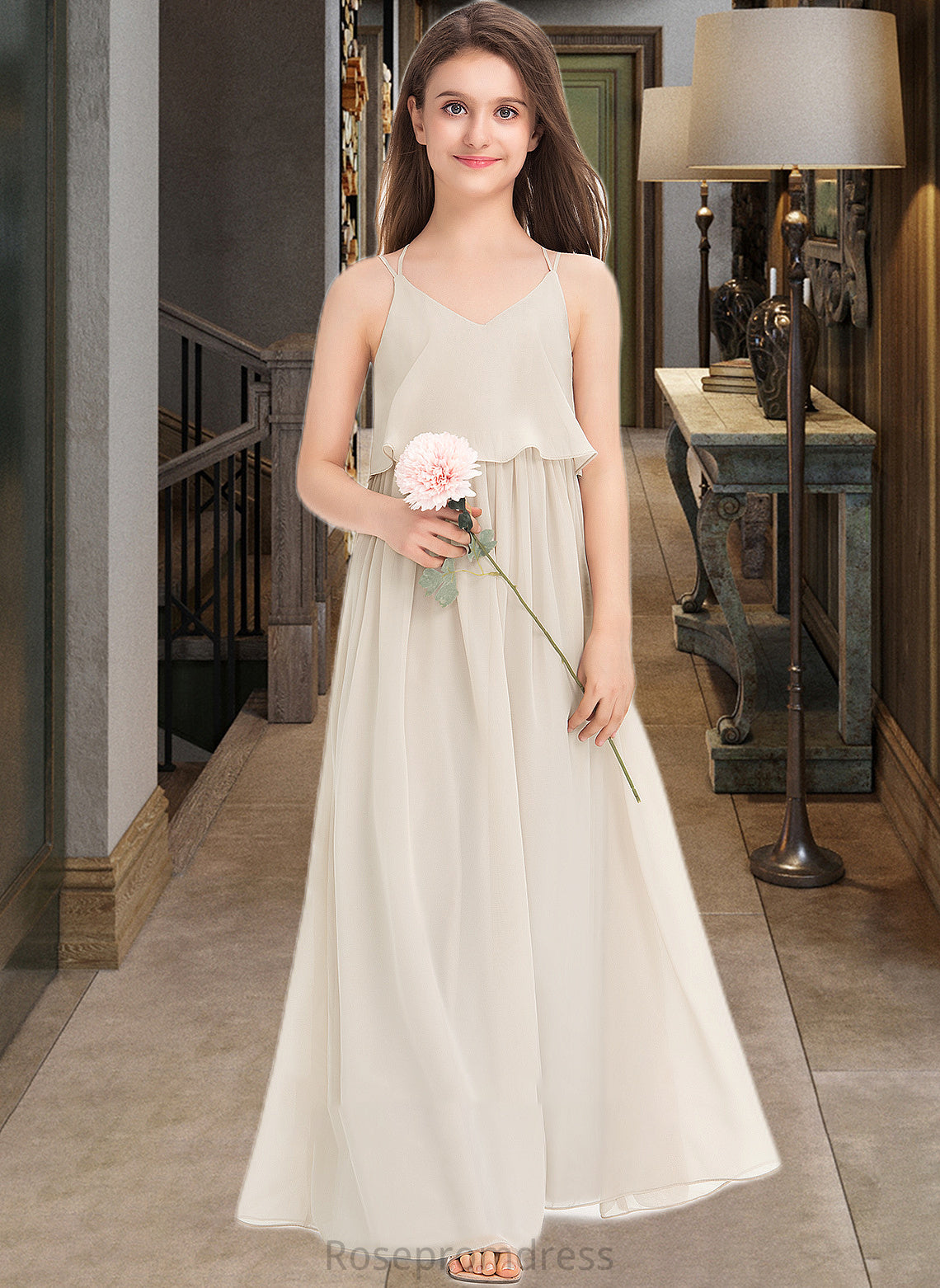 Emilee A-Line V-neck Floor-Length Chiffon Junior Bridesmaid Dress SRSP0013435