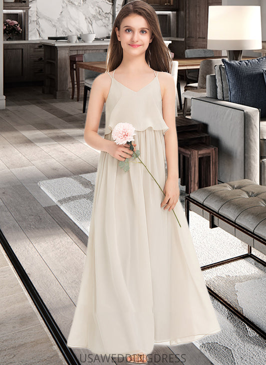 Micah A-Line V-neck Floor-Length Chiffon Junior Bridesmaid Dress DSP0013435