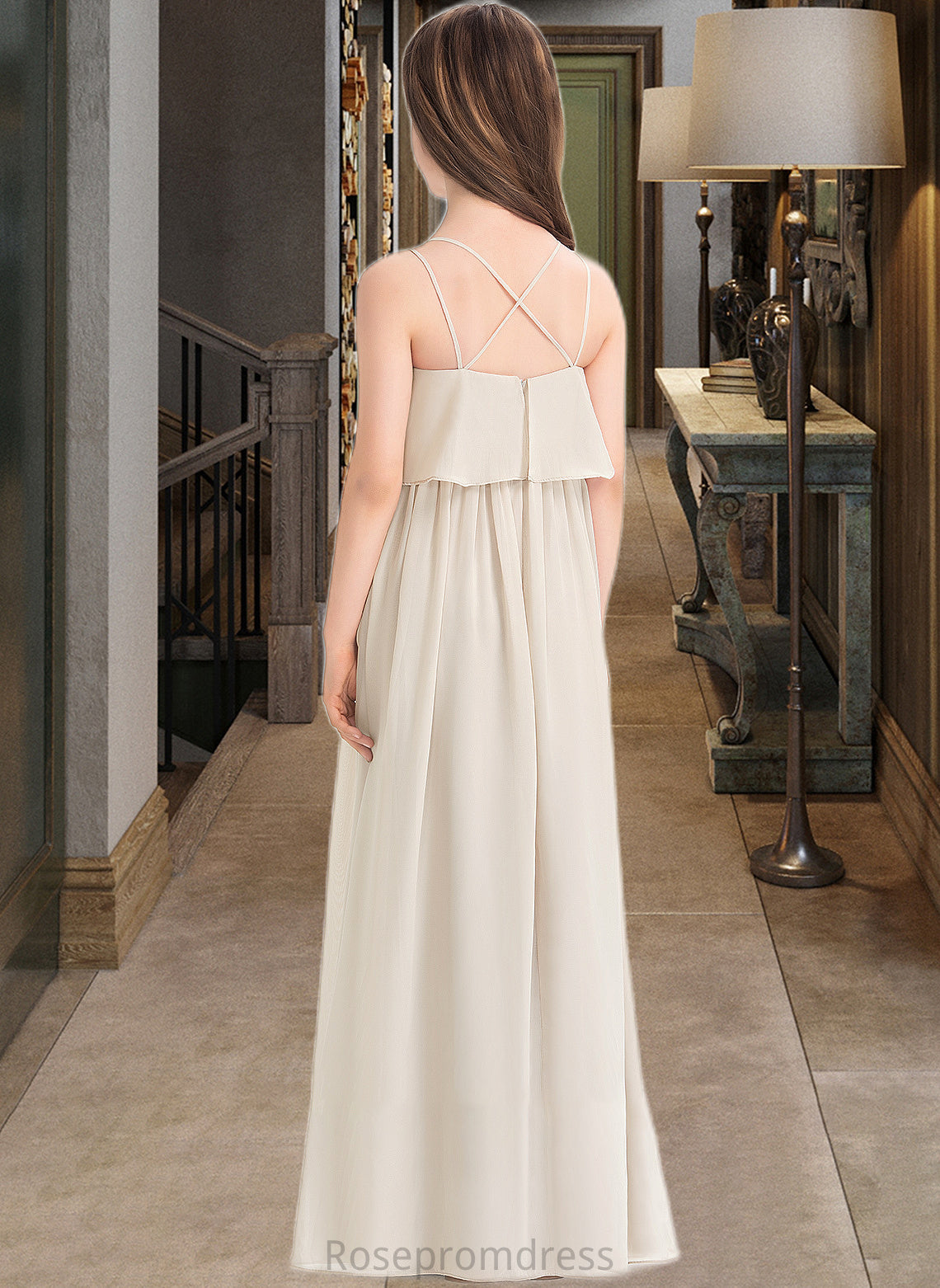 Emilee A-Line V-neck Floor-Length Chiffon Junior Bridesmaid Dress SRSP0013435