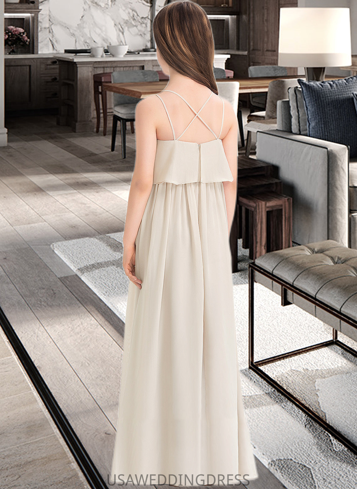 Micah A-Line V-neck Floor-Length Chiffon Junior Bridesmaid Dress DSP0013435