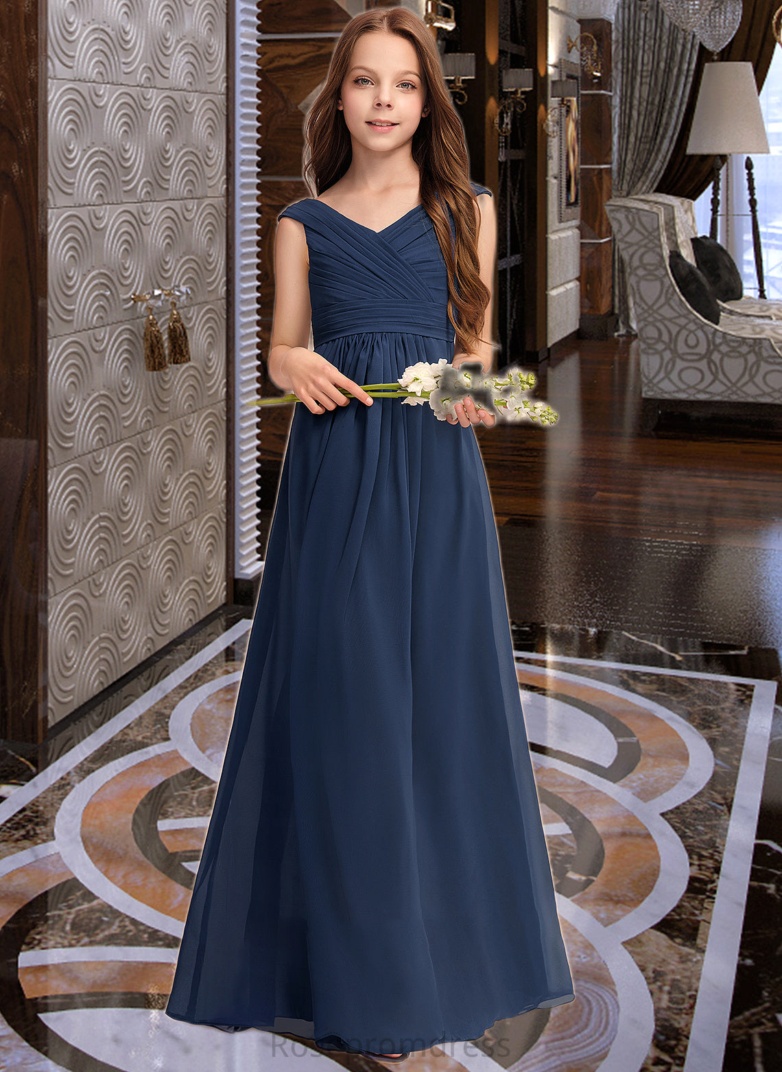 Delilah A-Line Off-the-Shoulder Floor-Length Chiffon Junior Bridesmaid Dress With Ruffles SRSP0013436