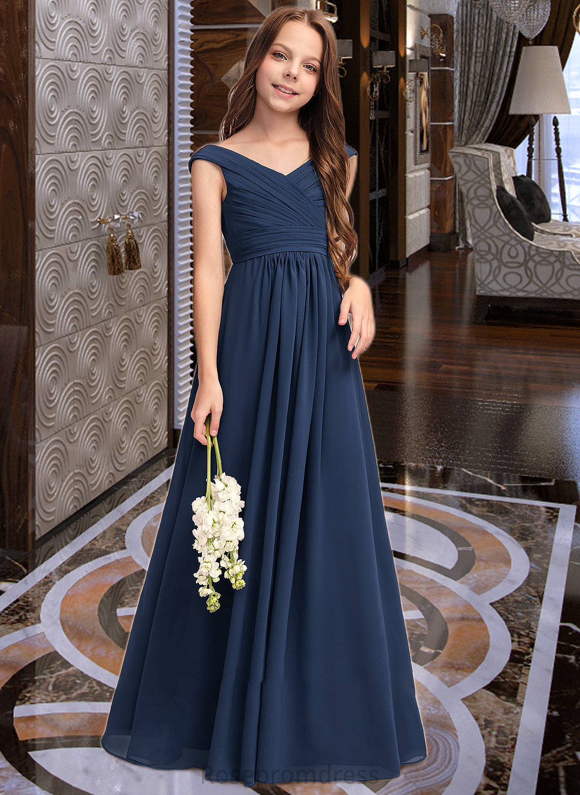 Delilah A-Line Off-the-Shoulder Floor-Length Chiffon Junior Bridesmaid Dress With Ruffles SRSP0013436