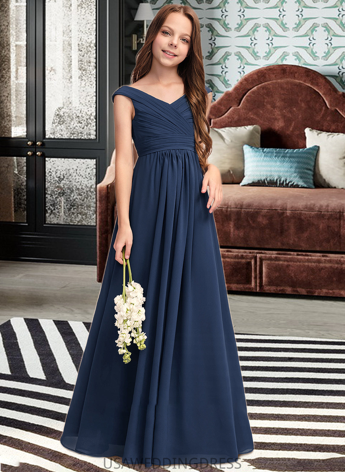 Elsie A-Line Off-the-Shoulder Floor-Length Chiffon Junior Bridesmaid Dress With Ruffles DSP0013436