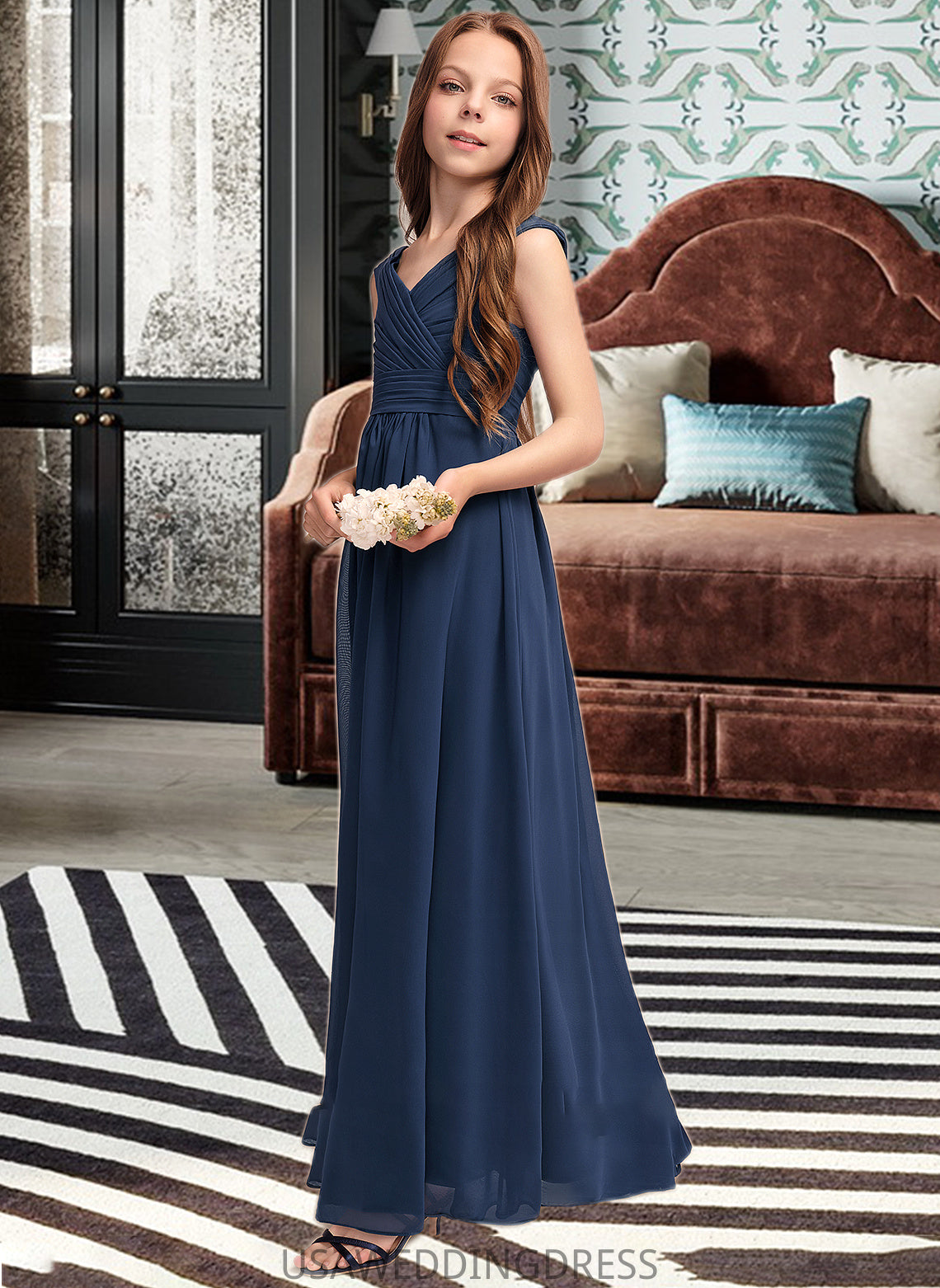 Elsie A-Line Off-the-Shoulder Floor-Length Chiffon Junior Bridesmaid Dress With Ruffles DSP0013436