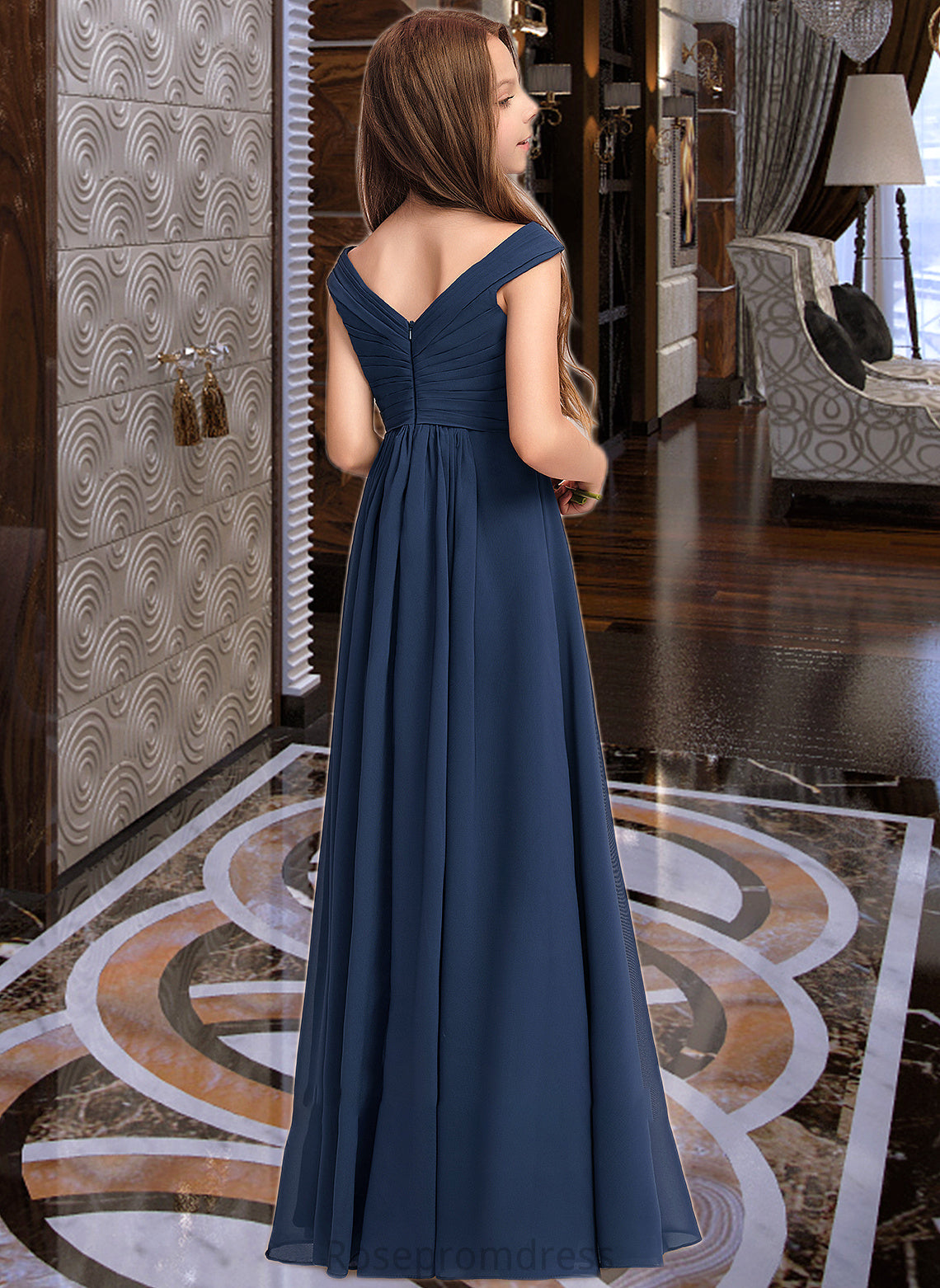 Delilah A-Line Off-the-Shoulder Floor-Length Chiffon Junior Bridesmaid Dress With Ruffles SRSP0013436