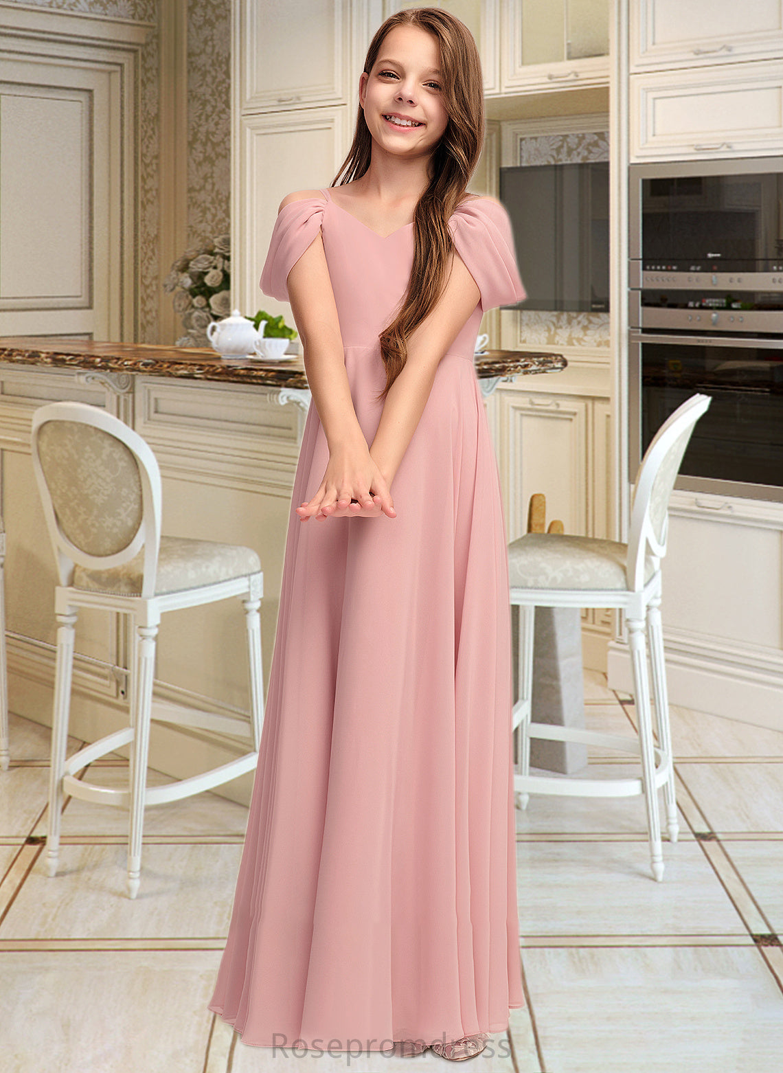 Marisol A-Line V-neck Floor-Length Chiffon Junior Bridesmaid Dress With Ruffle SRSP0013437