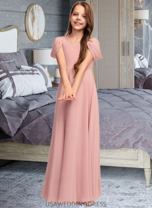 Ivy A-Line V-neck Floor-Length Chiffon Junior Bridesmaid Dress With Ruffle DSP0013437