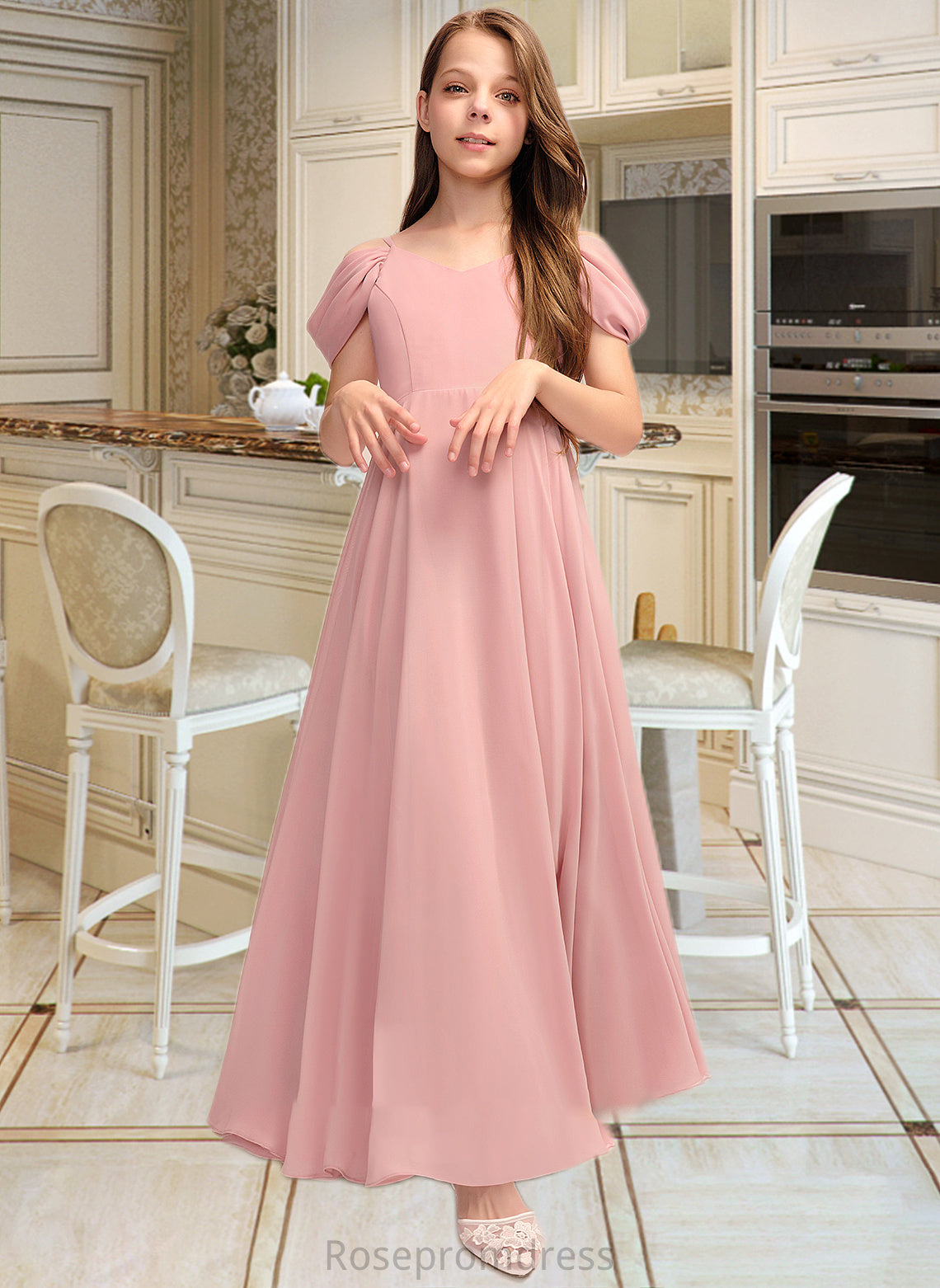 Marisol A-Line V-neck Floor-Length Chiffon Junior Bridesmaid Dress With Ruffle SRSP0013437