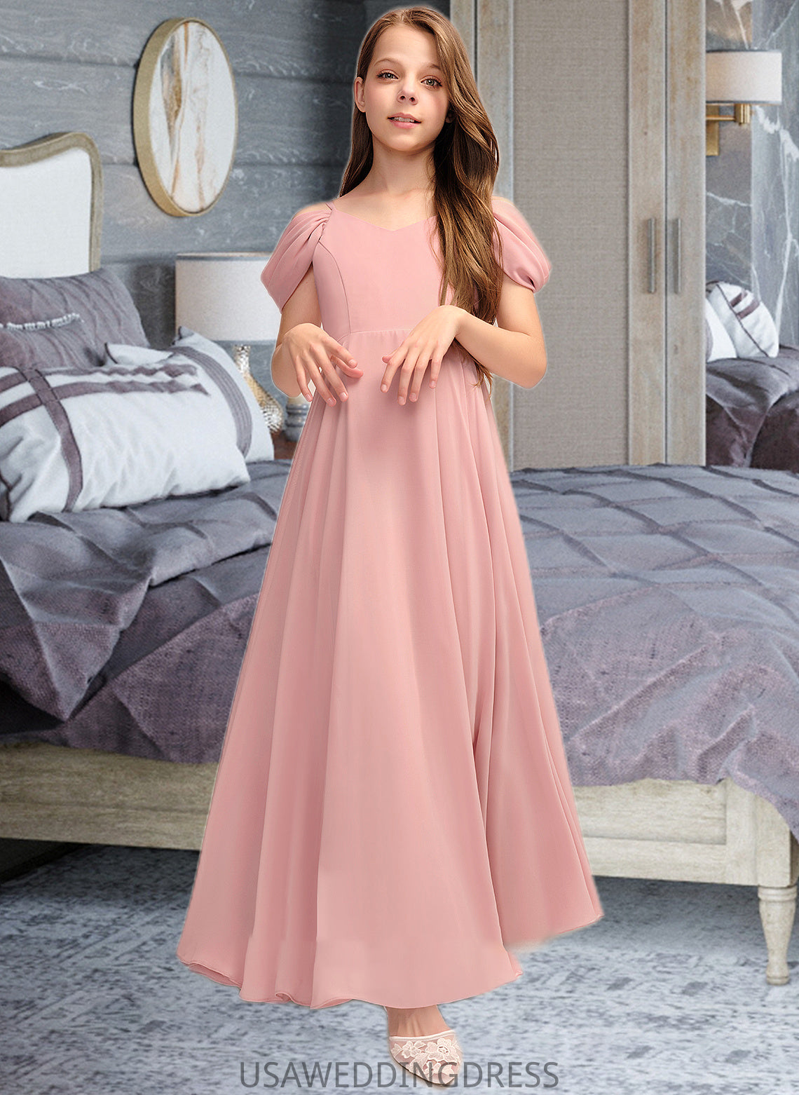 Ivy A-Line V-neck Floor-Length Chiffon Junior Bridesmaid Dress With Ruffle DSP0013437