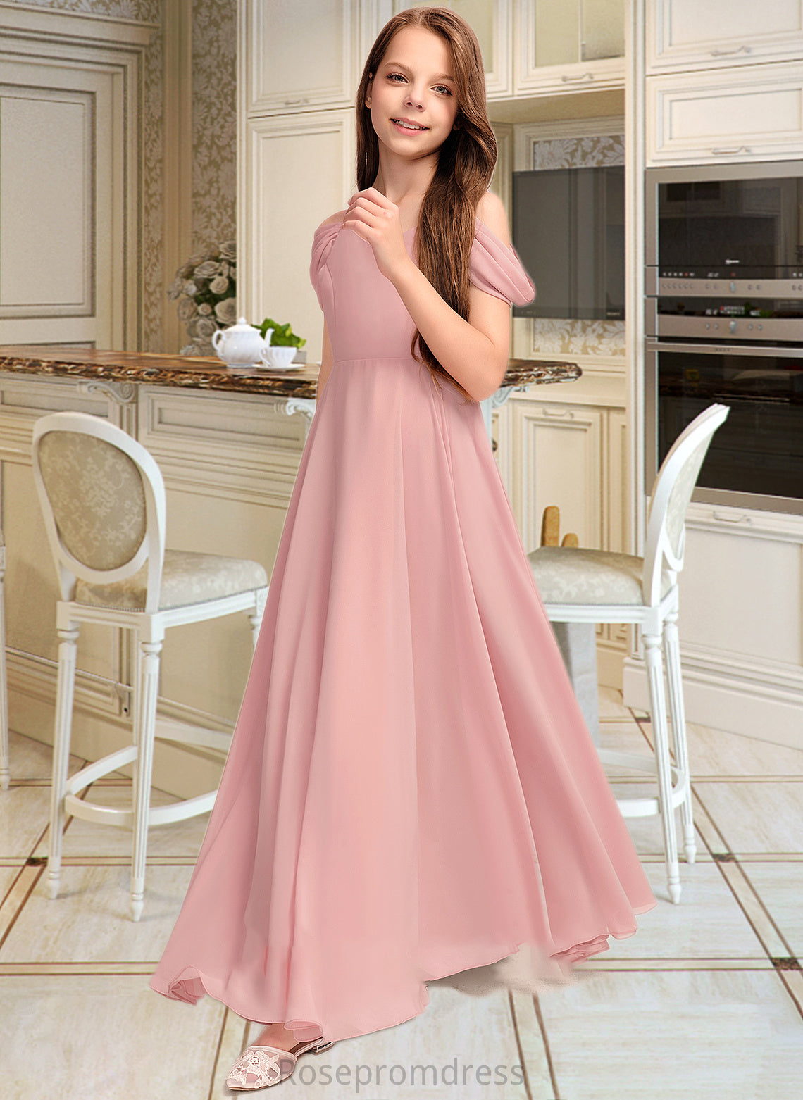 Marisol A-Line V-neck Floor-Length Chiffon Junior Bridesmaid Dress With Ruffle SRSP0013437