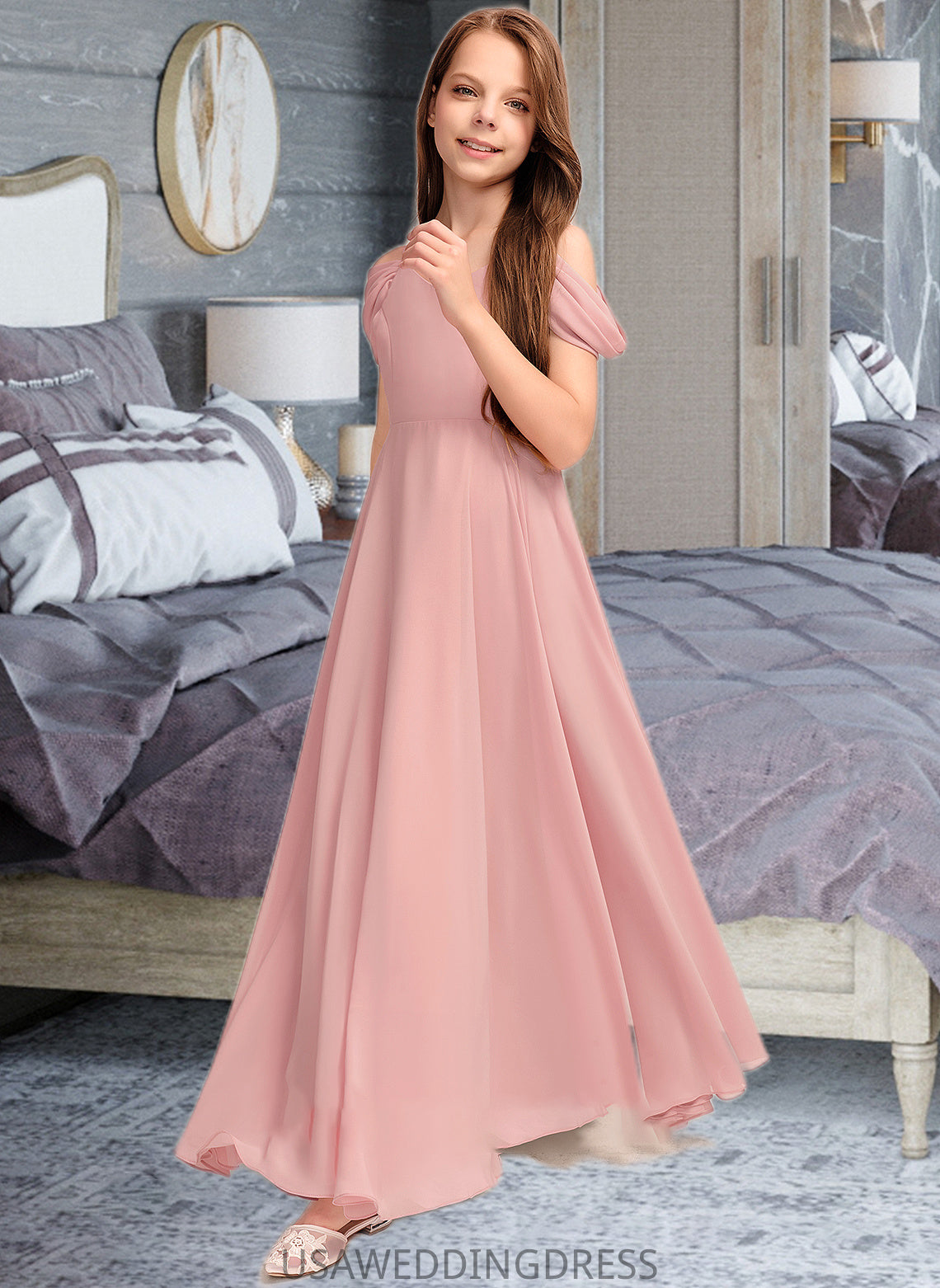 Ivy A-Line V-neck Floor-Length Chiffon Junior Bridesmaid Dress With Ruffle DSP0013437