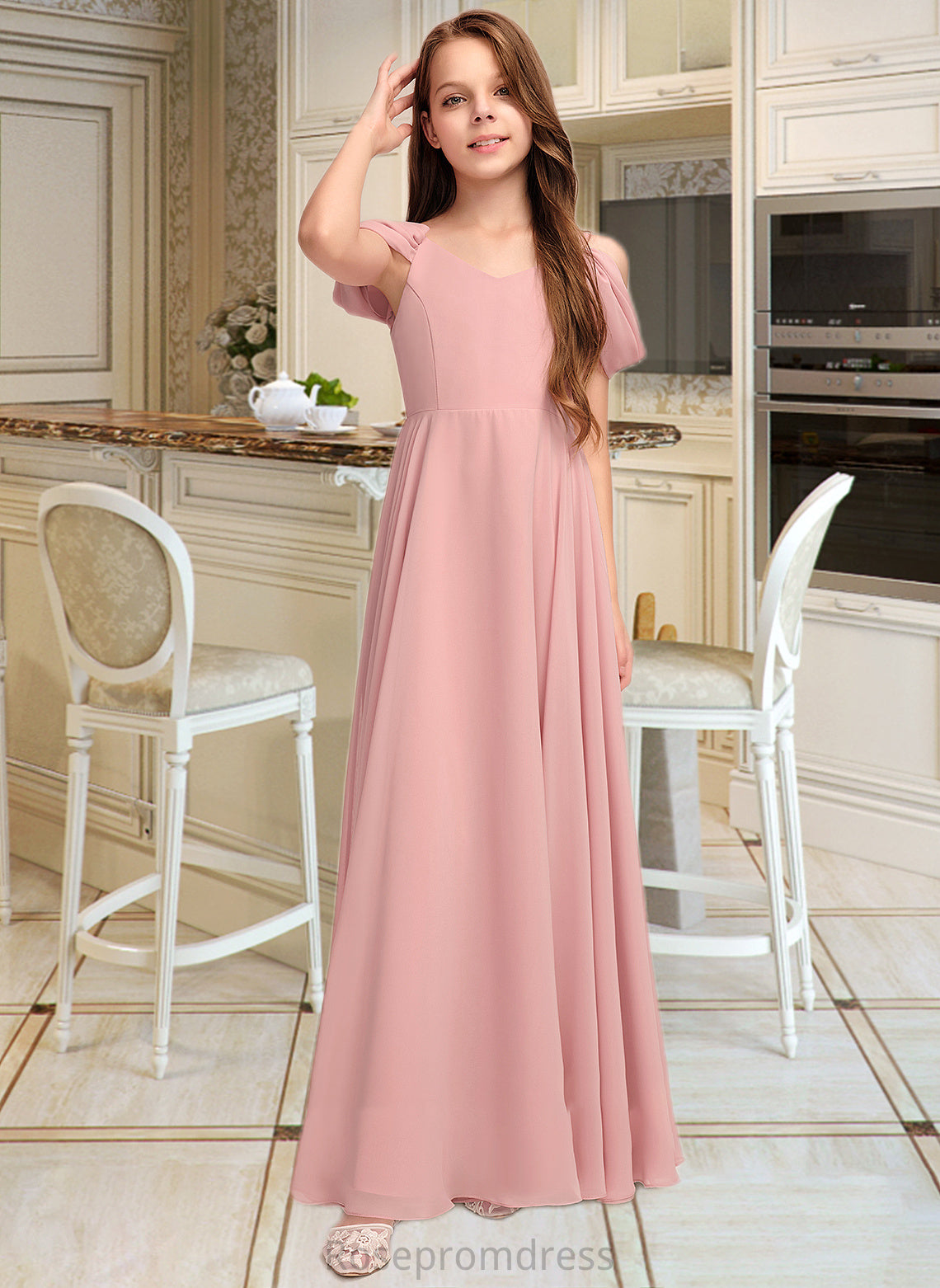 Marisol A-Line V-neck Floor-Length Chiffon Junior Bridesmaid Dress With Ruffle SRSP0013437