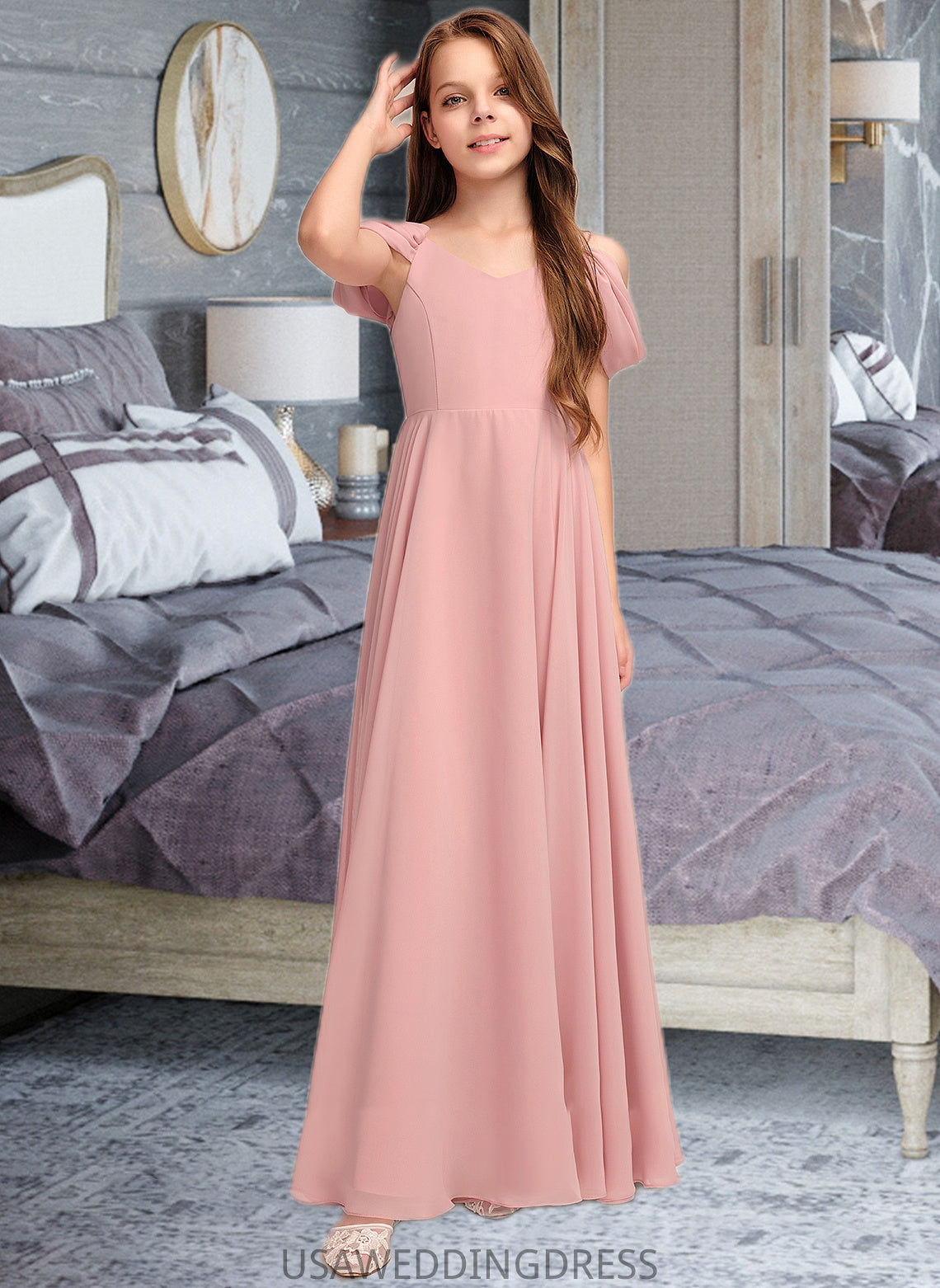 Ivy A-Line V-neck Floor-Length Chiffon Junior Bridesmaid Dress With Ruffle DSP0013437