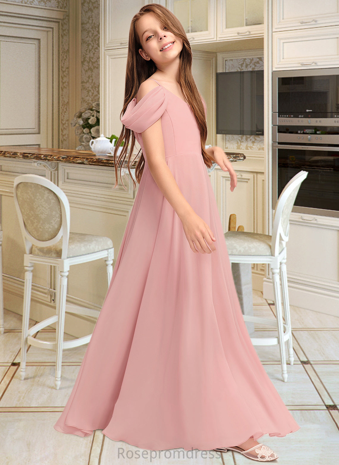 Marisol A-Line V-neck Floor-Length Chiffon Junior Bridesmaid Dress With Ruffle SRSP0013437