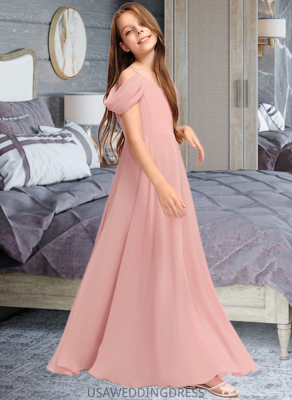 Ivy A-Line V-neck Floor-Length Chiffon Junior Bridesmaid Dress With Ruffle DSP0013437