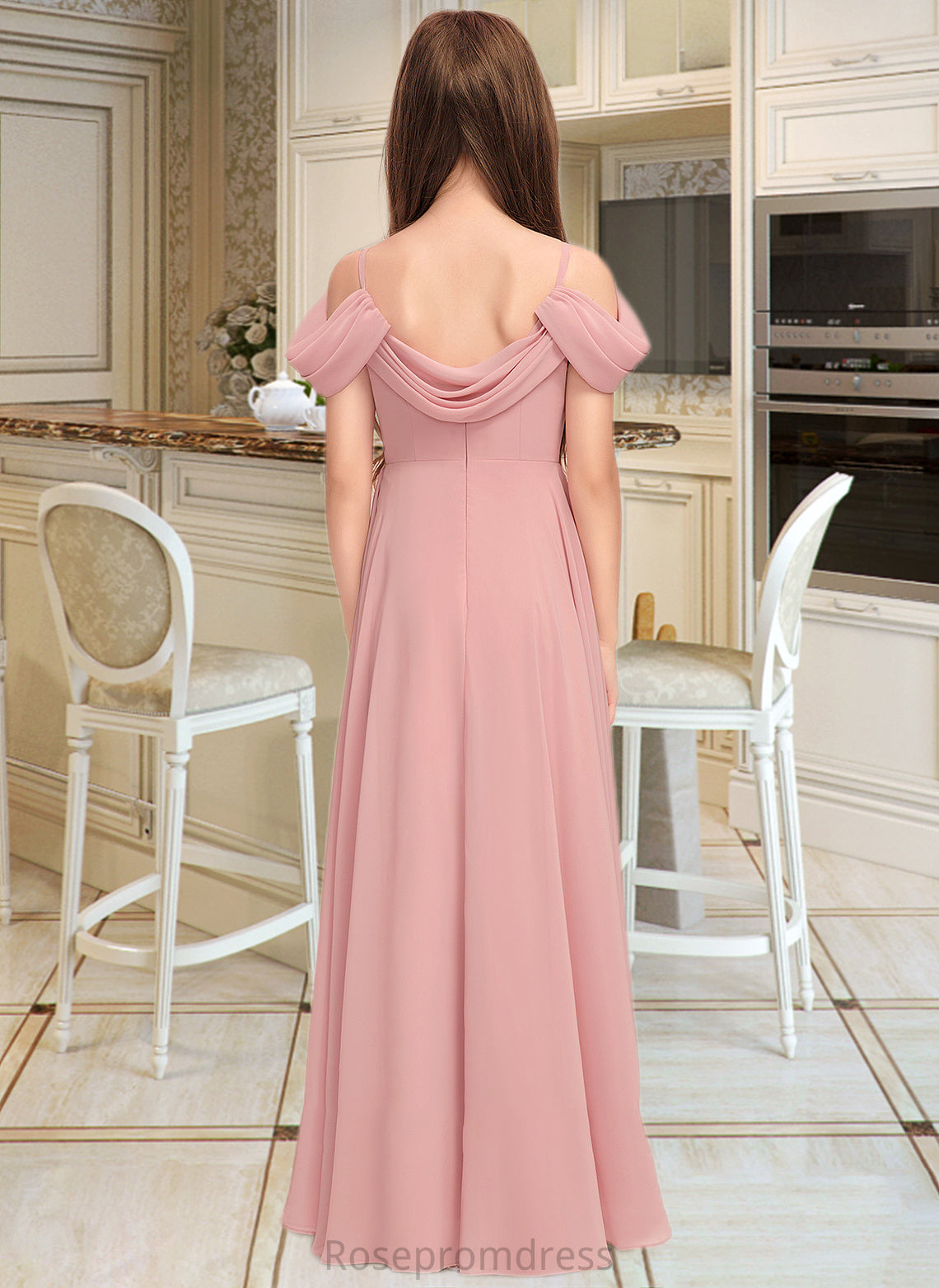 Marisol A-Line V-neck Floor-Length Chiffon Junior Bridesmaid Dress With Ruffle SRSP0013437