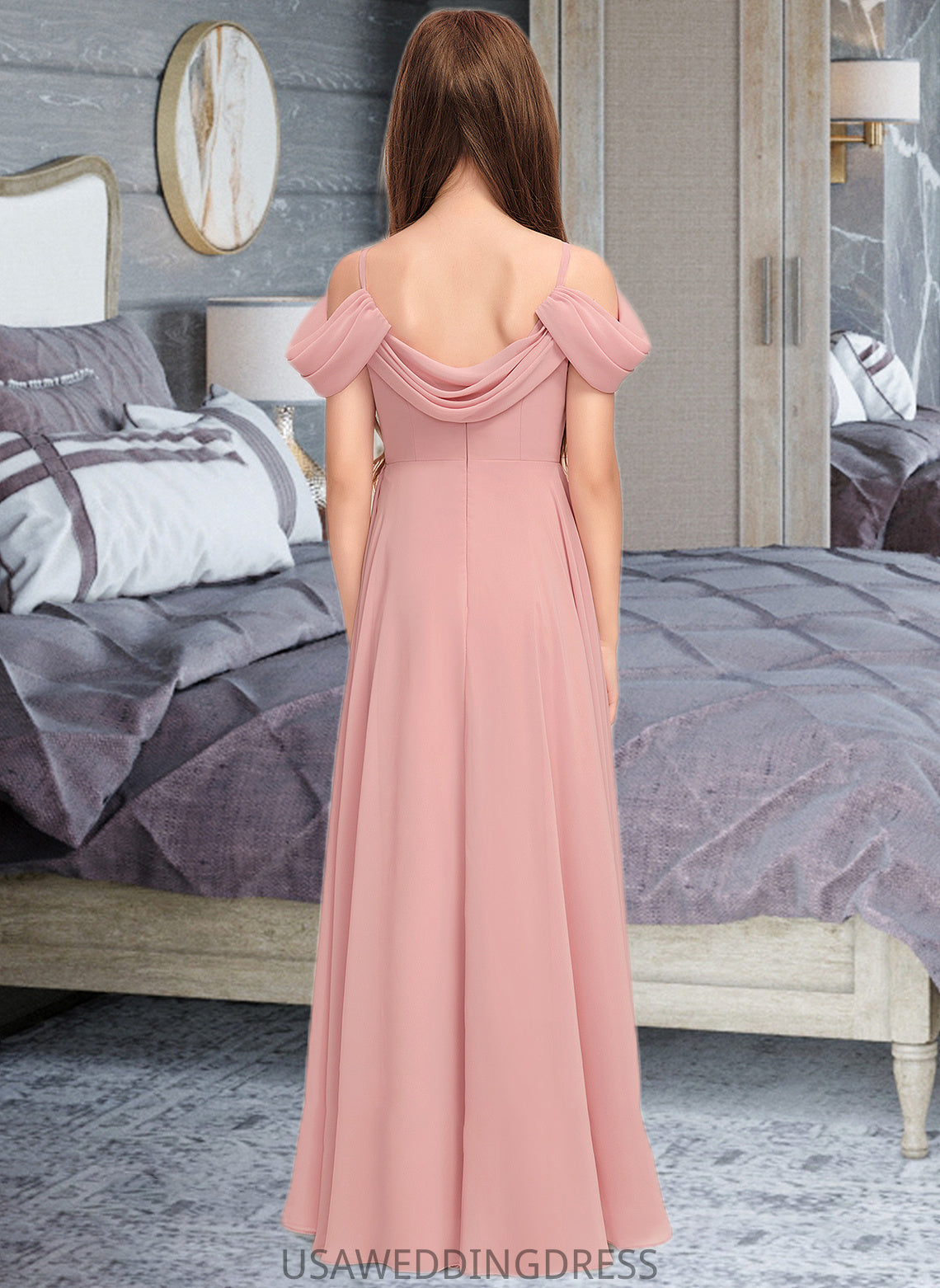 Ivy A-Line V-neck Floor-Length Chiffon Junior Bridesmaid Dress With Ruffle DSP0013437