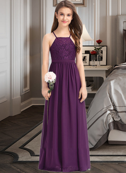 Zoey A-Line Square Neckline Floor-Length Chiffon Lace Junior Bridesmaid Dress With Bow(s) SRSP0013438