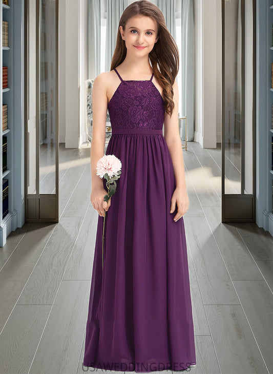 Alondra A-Line Square Neckline Floor-Length Chiffon Lace Junior Bridesmaid Dress With Bow(s) DSP0013438