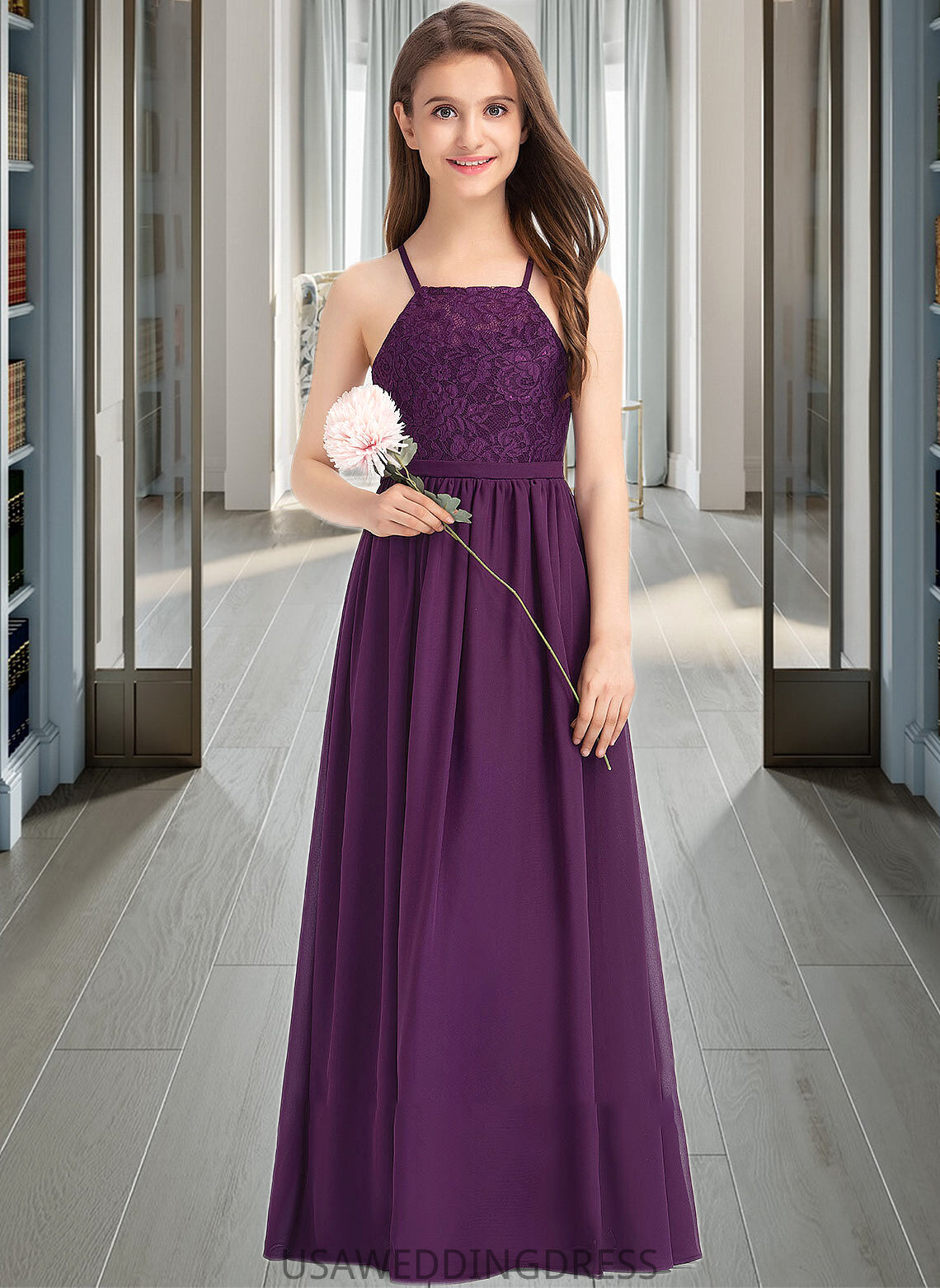 Alondra A-Line Square Neckline Floor-Length Chiffon Lace Junior Bridesmaid Dress With Bow(s) DSP0013438