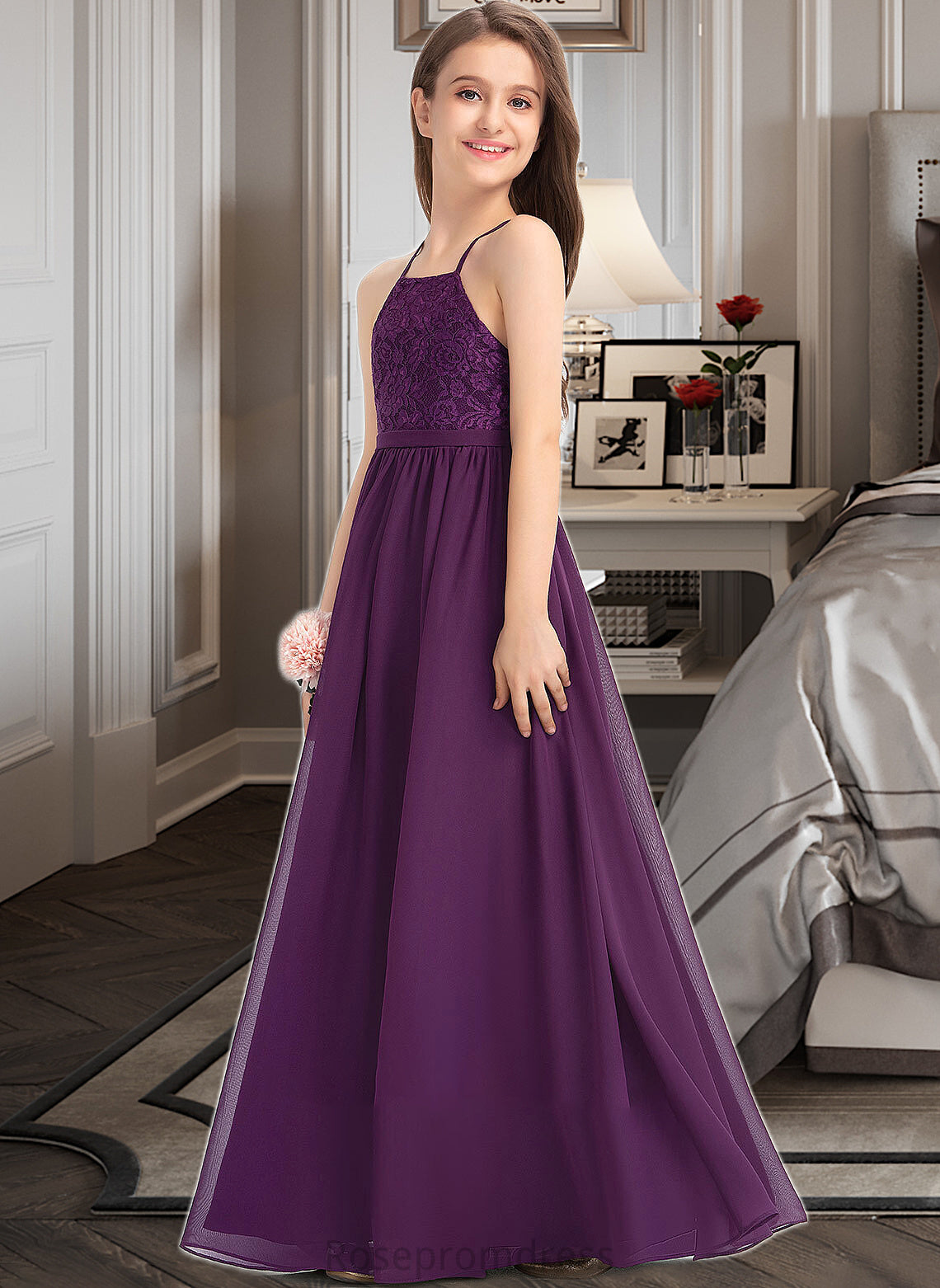 Zoey A-Line Square Neckline Floor-Length Chiffon Lace Junior Bridesmaid Dress With Bow(s) SRSP0013438