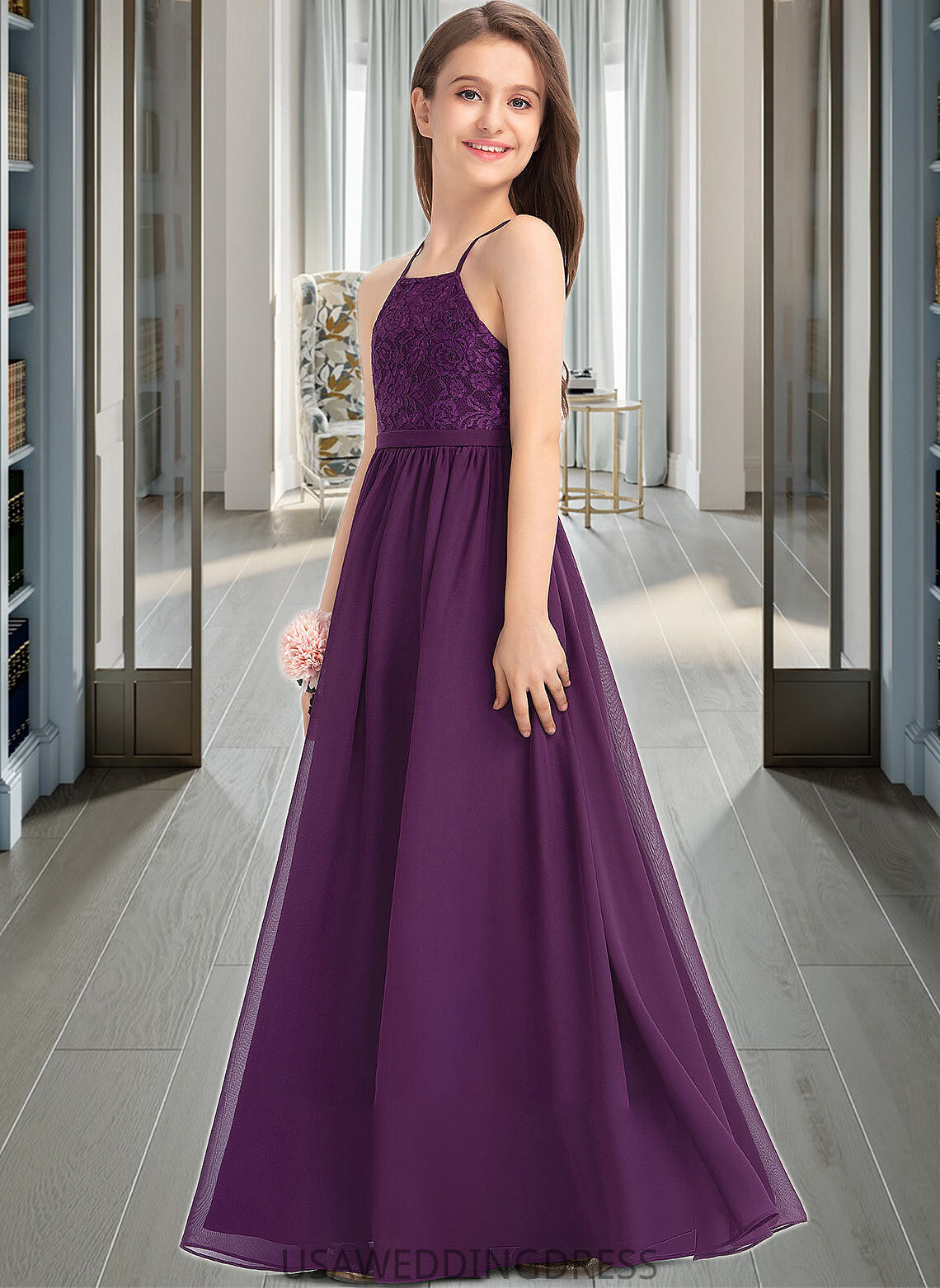 Alondra A-Line Square Neckline Floor-Length Chiffon Lace Junior Bridesmaid Dress With Bow(s) DSP0013438