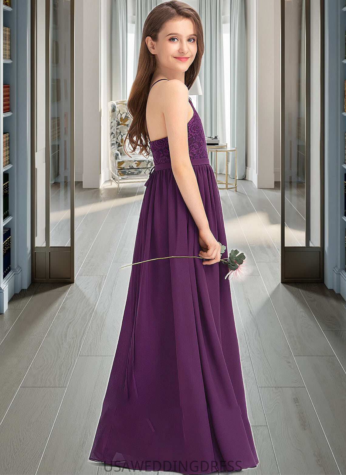 Alondra A-Line Square Neckline Floor-Length Chiffon Lace Junior Bridesmaid Dress With Bow(s) DSP0013438