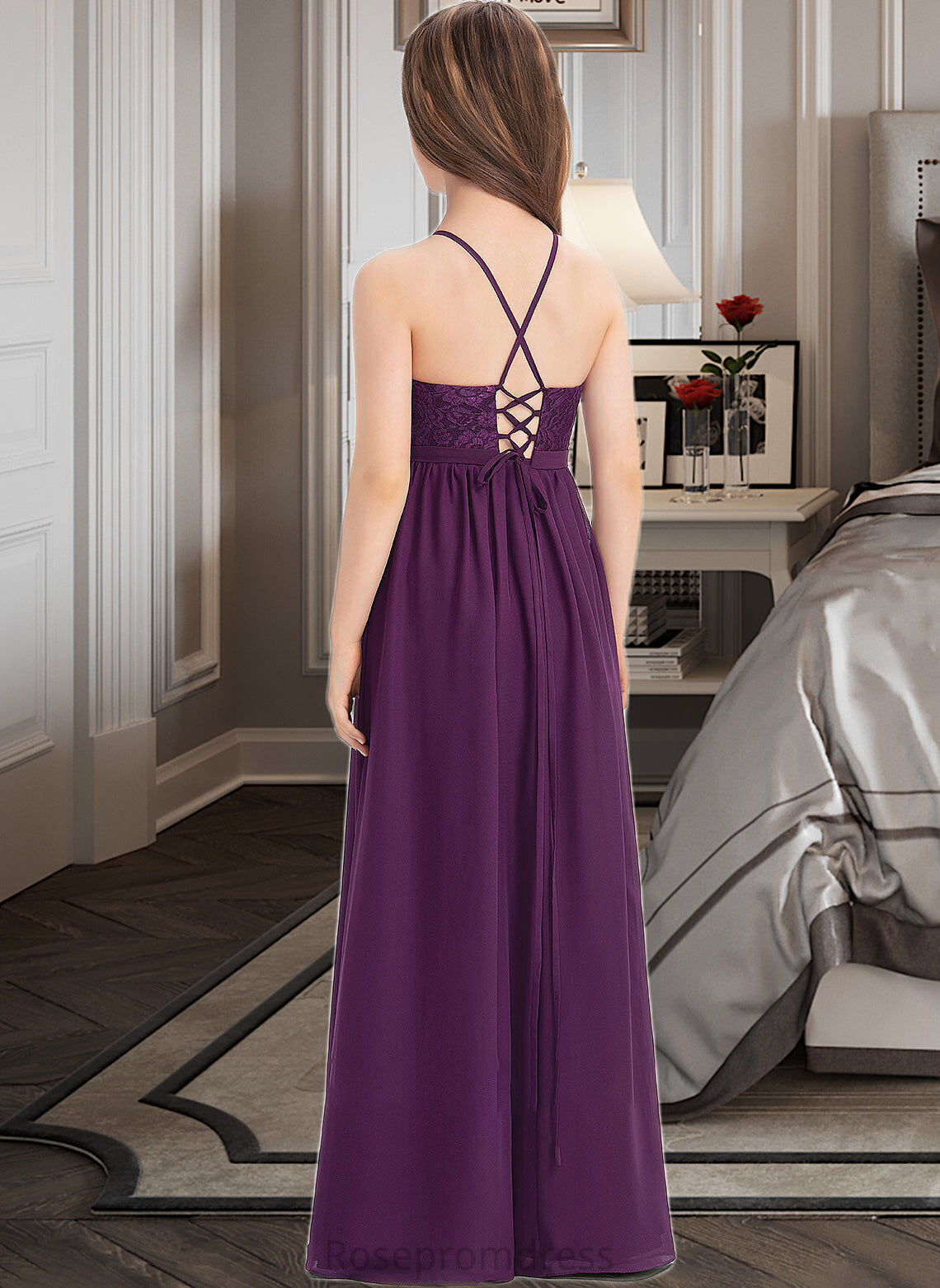 Zoey A-Line Square Neckline Floor-Length Chiffon Lace Junior Bridesmaid Dress With Bow(s) SRSP0013438