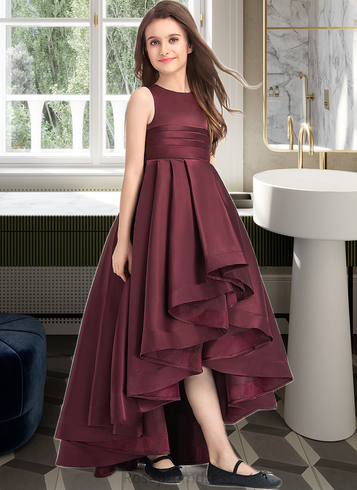 Novia A-Line Scoop Neck Asymmetrical Satin Junior Bridesmaid Dress With Ruffle SRSP0013439