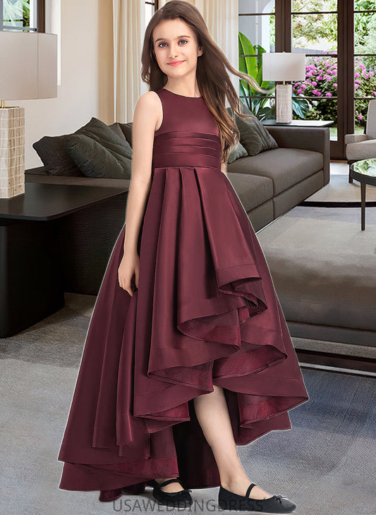 Macy A-Line Scoop Neck Asymmetrical Satin Junior Bridesmaid Dress With Ruffle DSP0013439