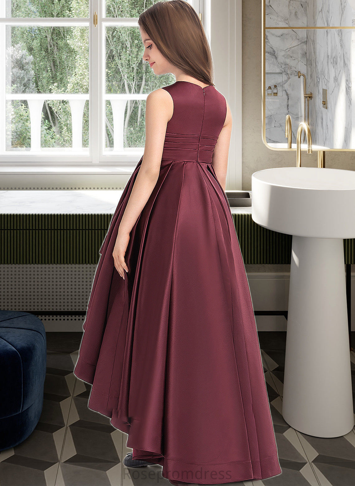 Novia A-Line Scoop Neck Asymmetrical Satin Junior Bridesmaid Dress With Ruffle SRSP0013439