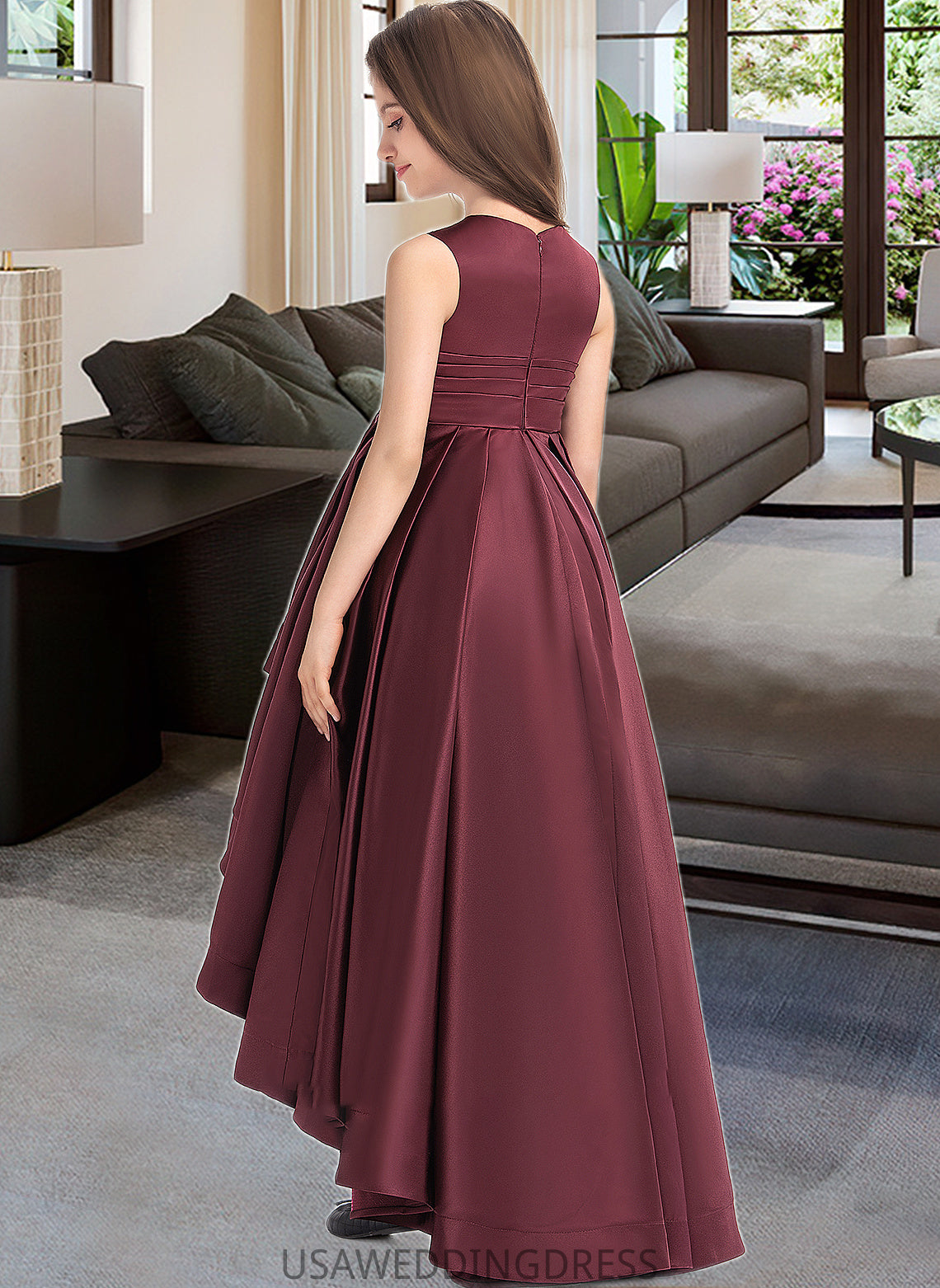 Macy A-Line Scoop Neck Asymmetrical Satin Junior Bridesmaid Dress With Ruffle DSP0013439