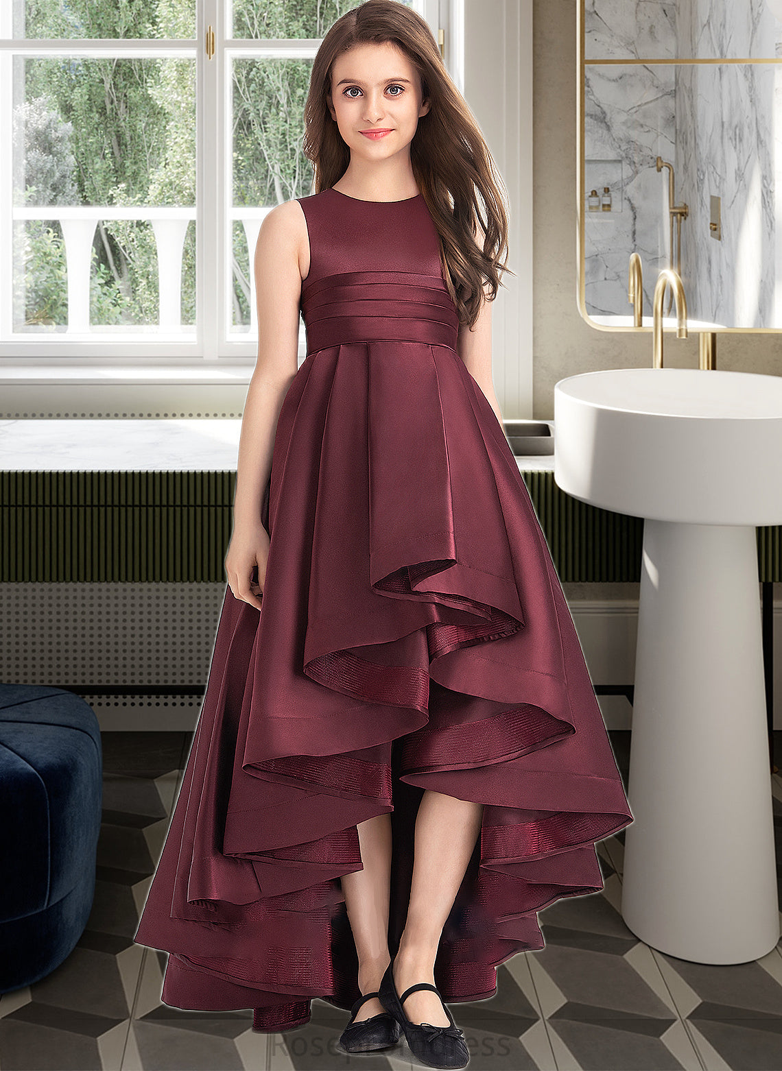 Novia A-Line Scoop Neck Asymmetrical Satin Junior Bridesmaid Dress With Ruffle SRSP0013439