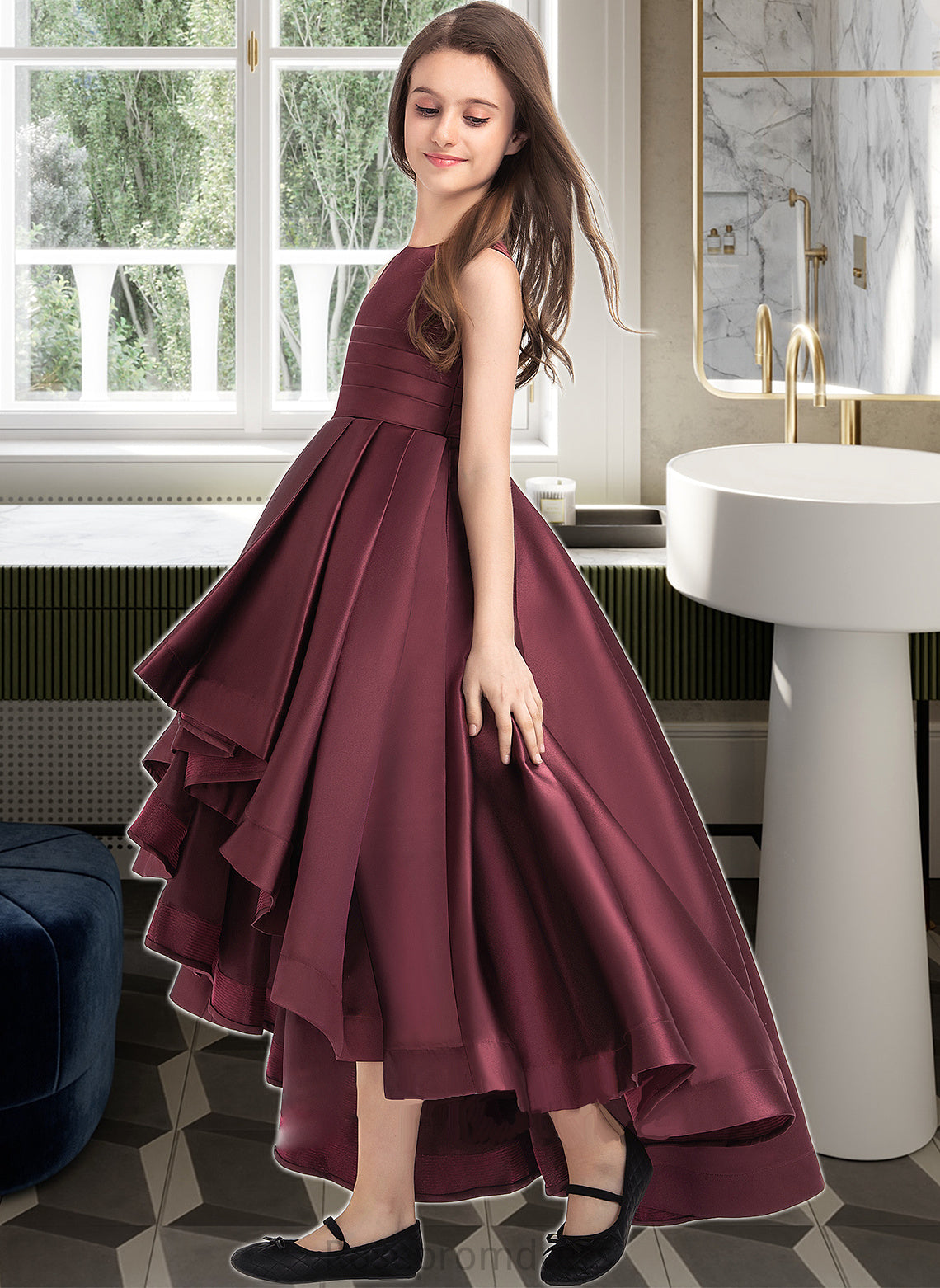 Novia A-Line Scoop Neck Asymmetrical Satin Junior Bridesmaid Dress With Ruffle SRSP0013439