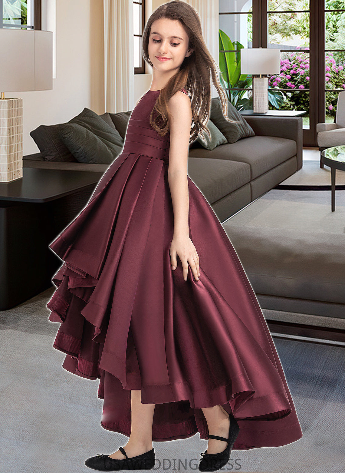 Macy A-Line Scoop Neck Asymmetrical Satin Junior Bridesmaid Dress With Ruffle DSP0013439