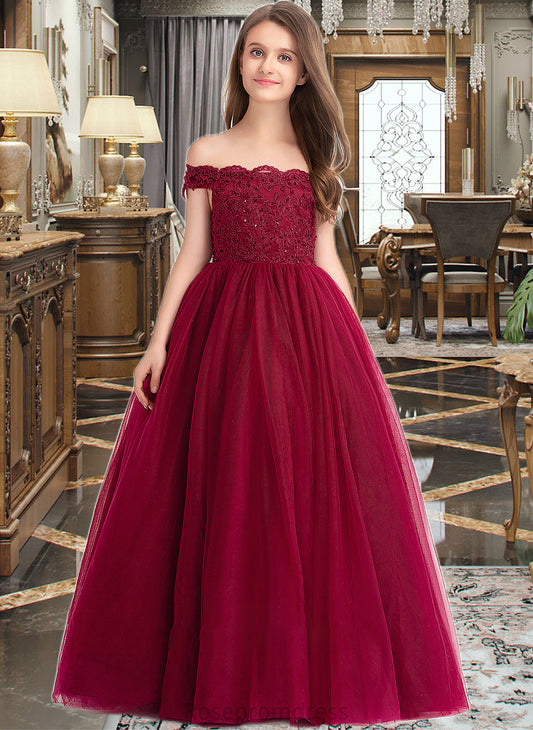 Caylee Ball-Gown/Princess Off-the-Shoulder Floor-Length Tulle Lace Junior Bridesmaid Dress With Beading Sequins SRSP0013440