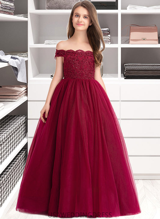 Autumn Ball-Gown/Princess Off-the-Shoulder Floor-Length Tulle Lace Junior Bridesmaid Dress With Beading Sequins DSP0013440