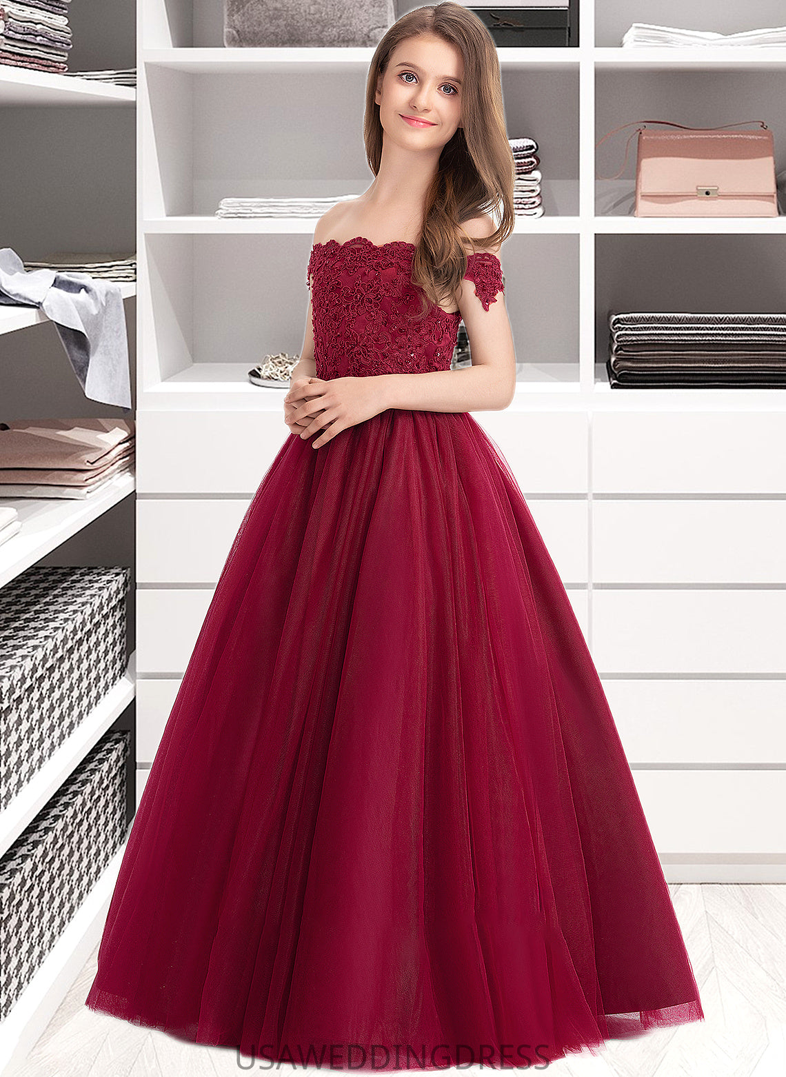 Autumn Ball-Gown/Princess Off-the-Shoulder Floor-Length Tulle Lace Junior Bridesmaid Dress With Beading Sequins DSP0013440