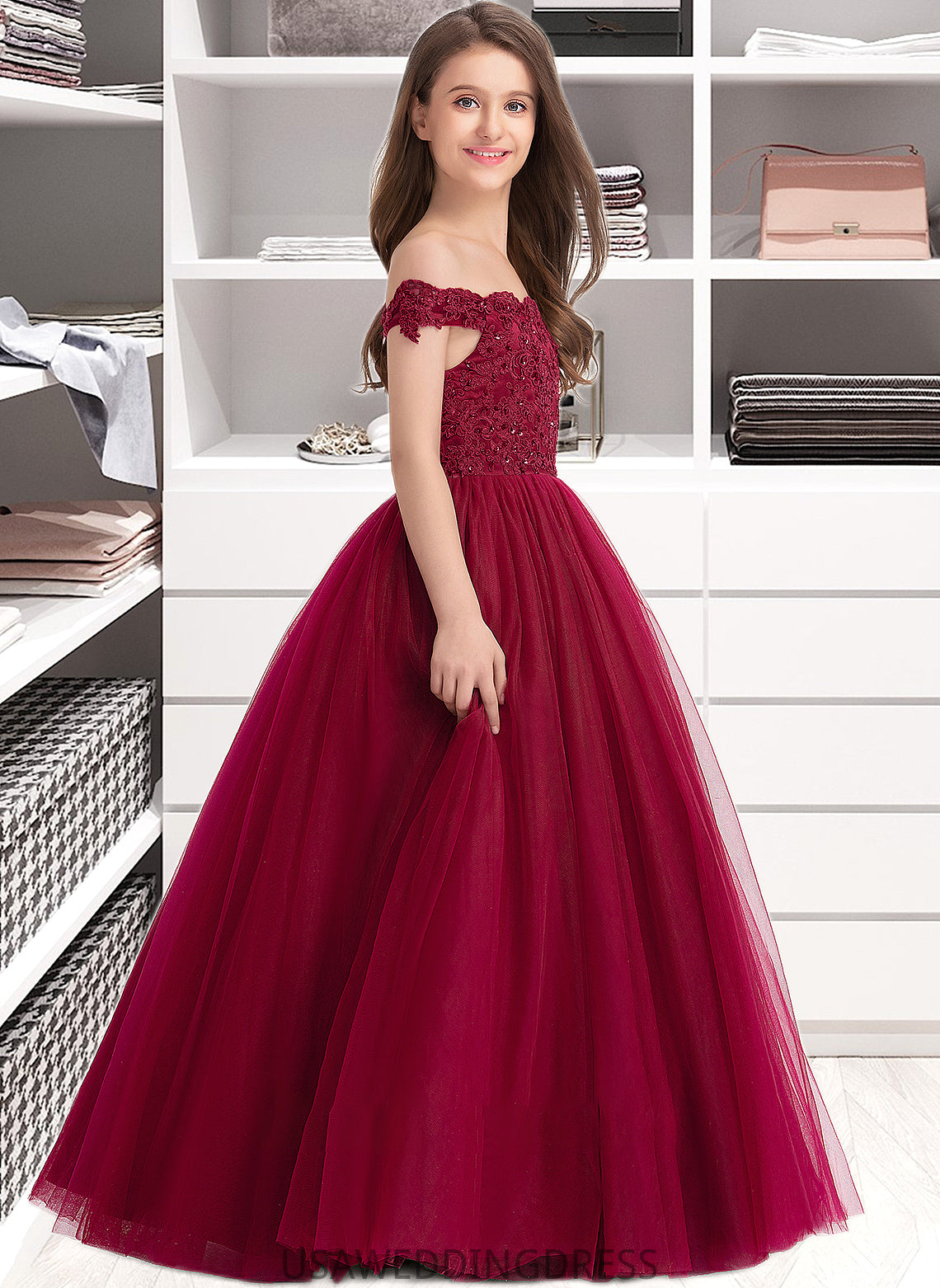 Autumn Ball-Gown/Princess Off-the-Shoulder Floor-Length Tulle Lace Junior Bridesmaid Dress With Beading Sequins DSP0013440