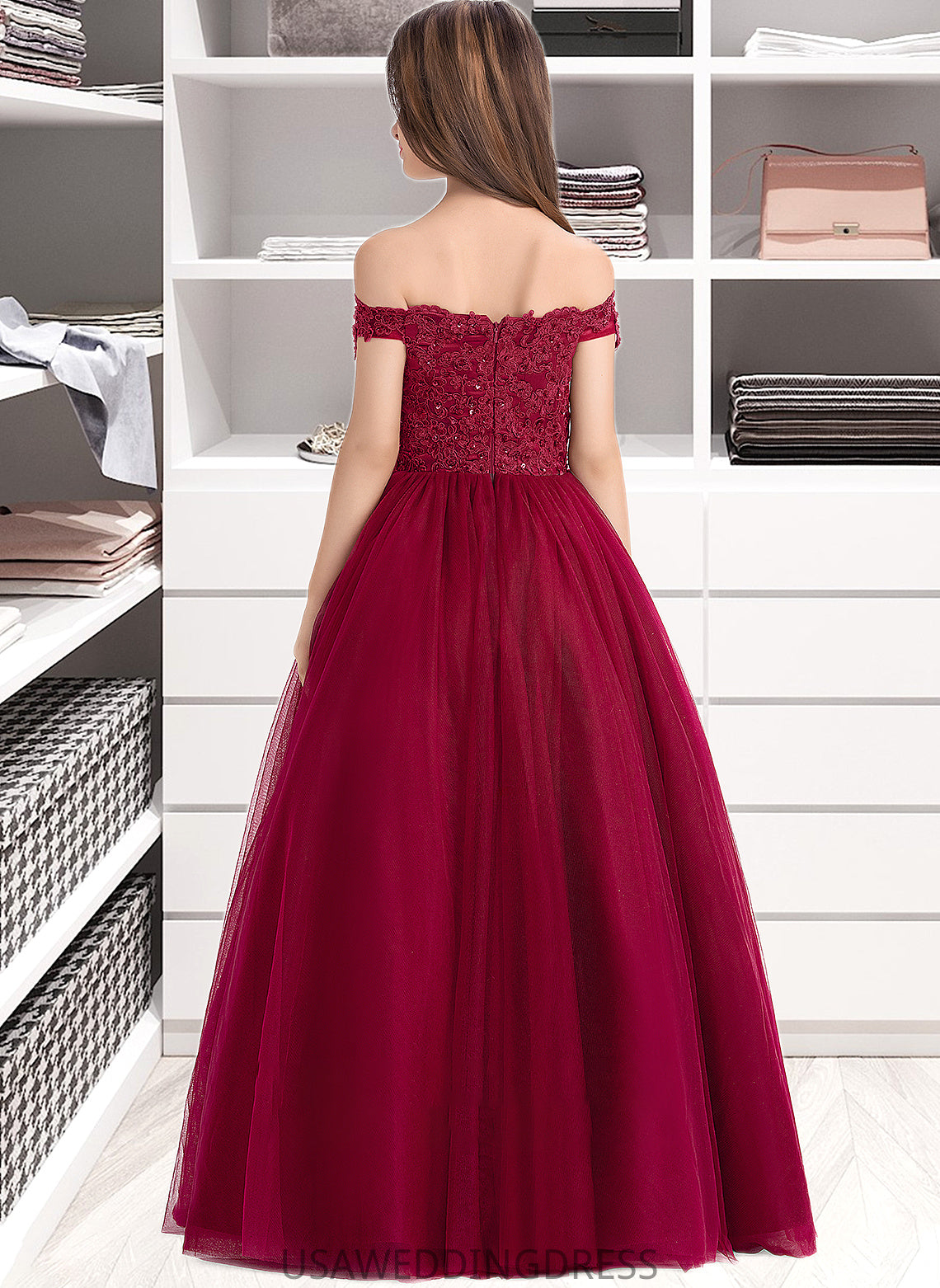 Autumn Ball-Gown/Princess Off-the-Shoulder Floor-Length Tulle Lace Junior Bridesmaid Dress With Beading Sequins DSP0013440