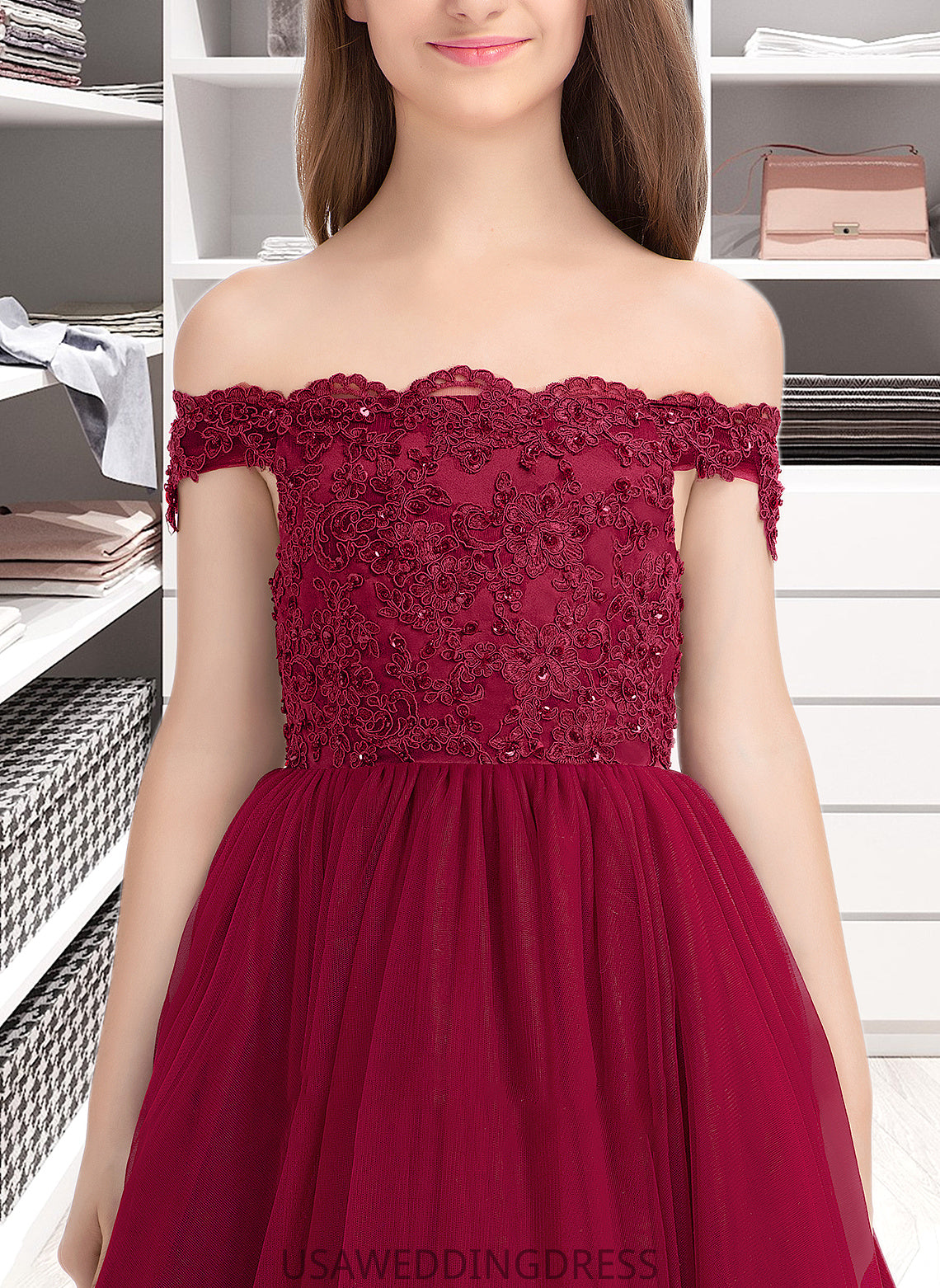 Autumn Ball-Gown/Princess Off-the-Shoulder Floor-Length Tulle Lace Junior Bridesmaid Dress With Beading Sequins DSP0013440