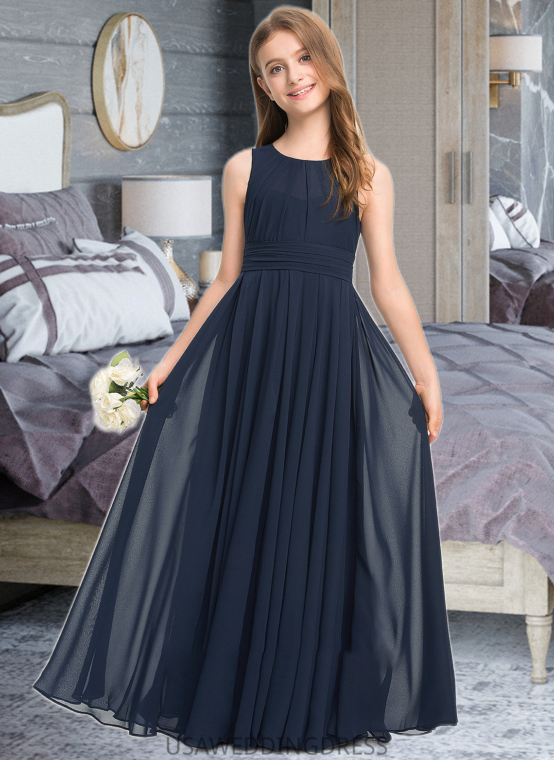 Annalise A-Line Scoop Neck Floor-Length Chiffon Junior Bridesmaid Dress With Ruffle DSP0013441