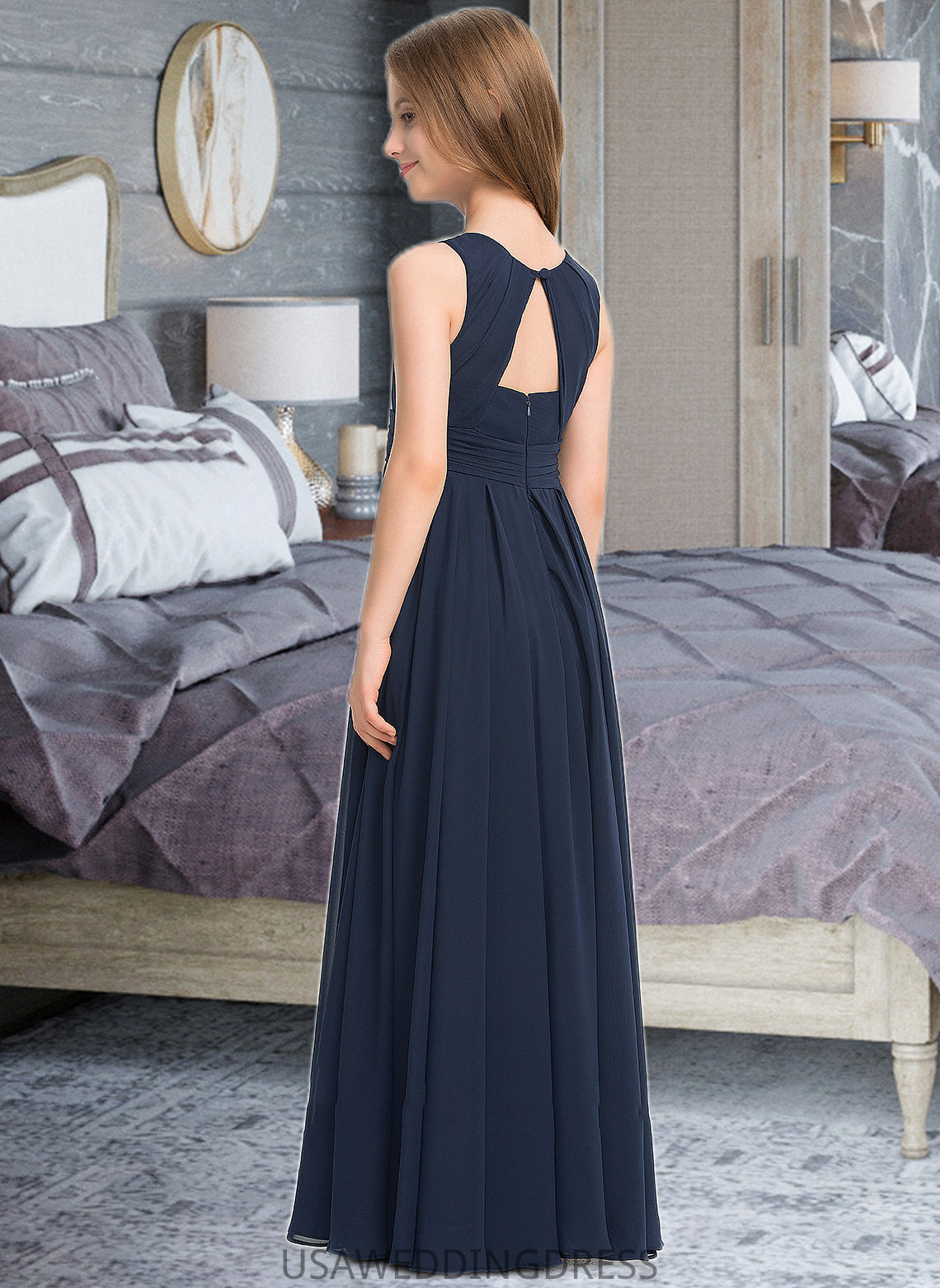 Annalise A-Line Scoop Neck Floor-Length Chiffon Junior Bridesmaid Dress With Ruffle DSP0013441