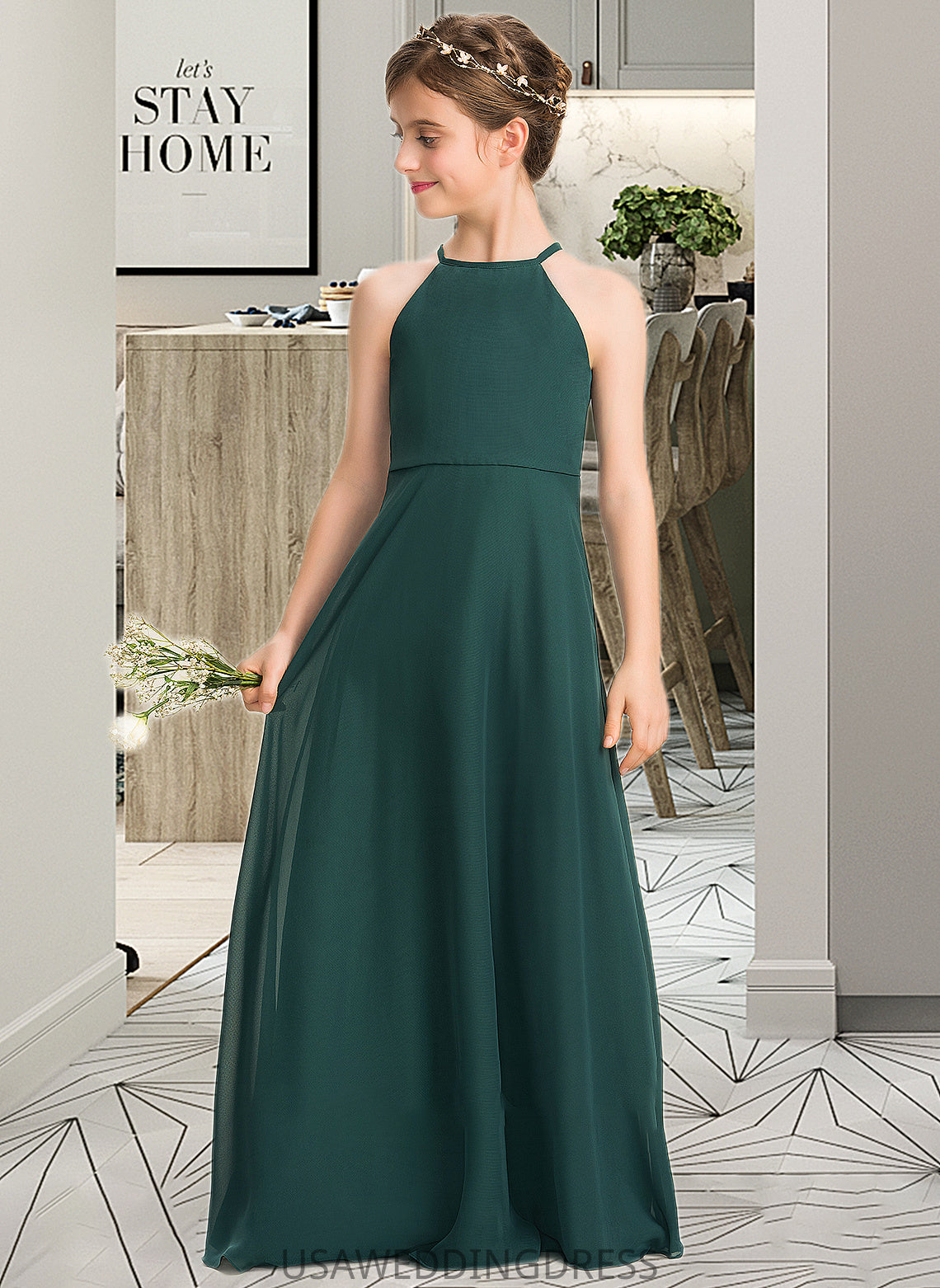 Meghan A-Line Scoop Neck Floor-Length Chiffon Junior Bridesmaid Dress DSP0013442