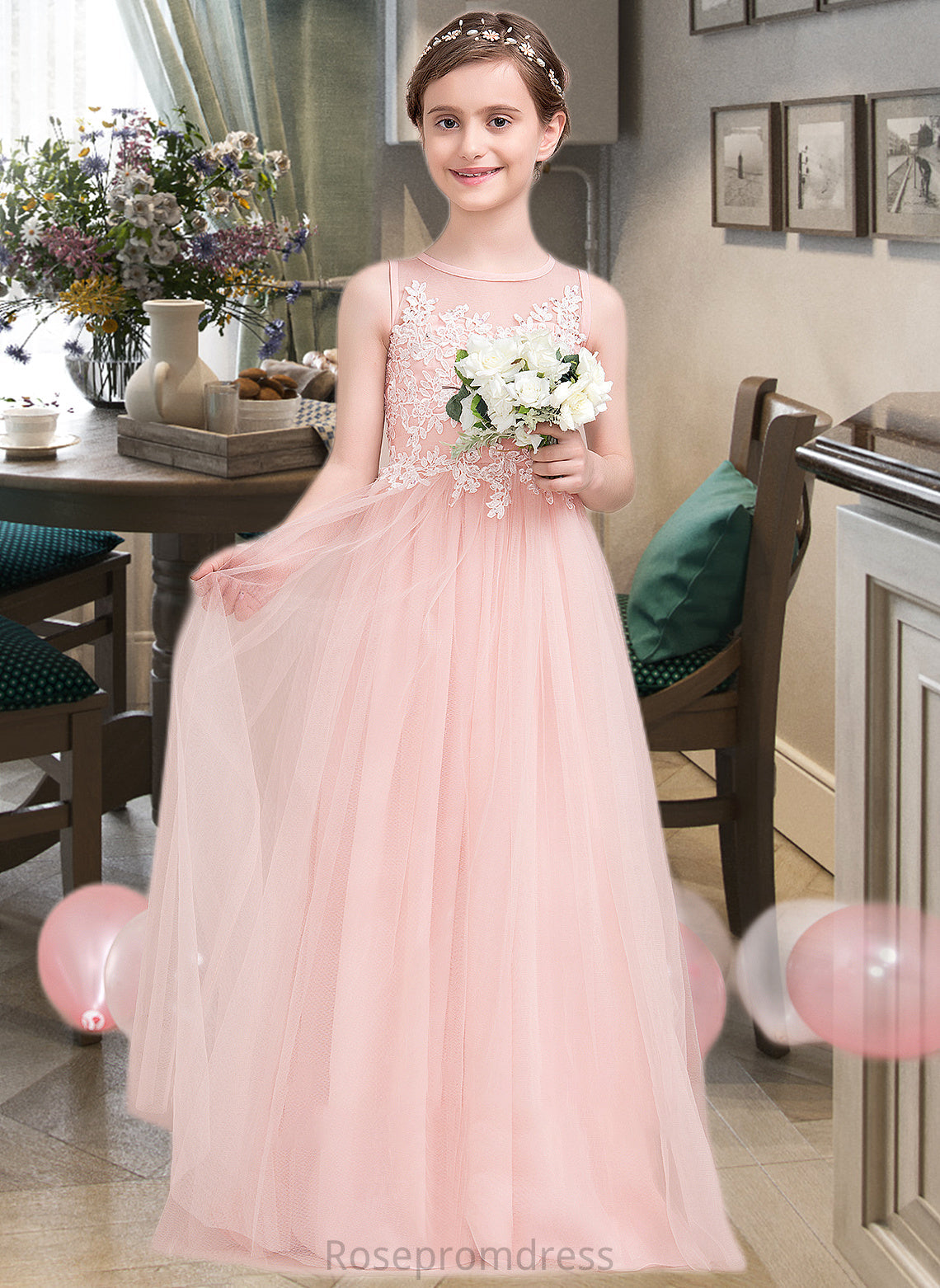 Mariela A-Line Scoop Neck Floor-Length Tulle Junior Bridesmaid Dress With Beading Sequins SRSP0013444