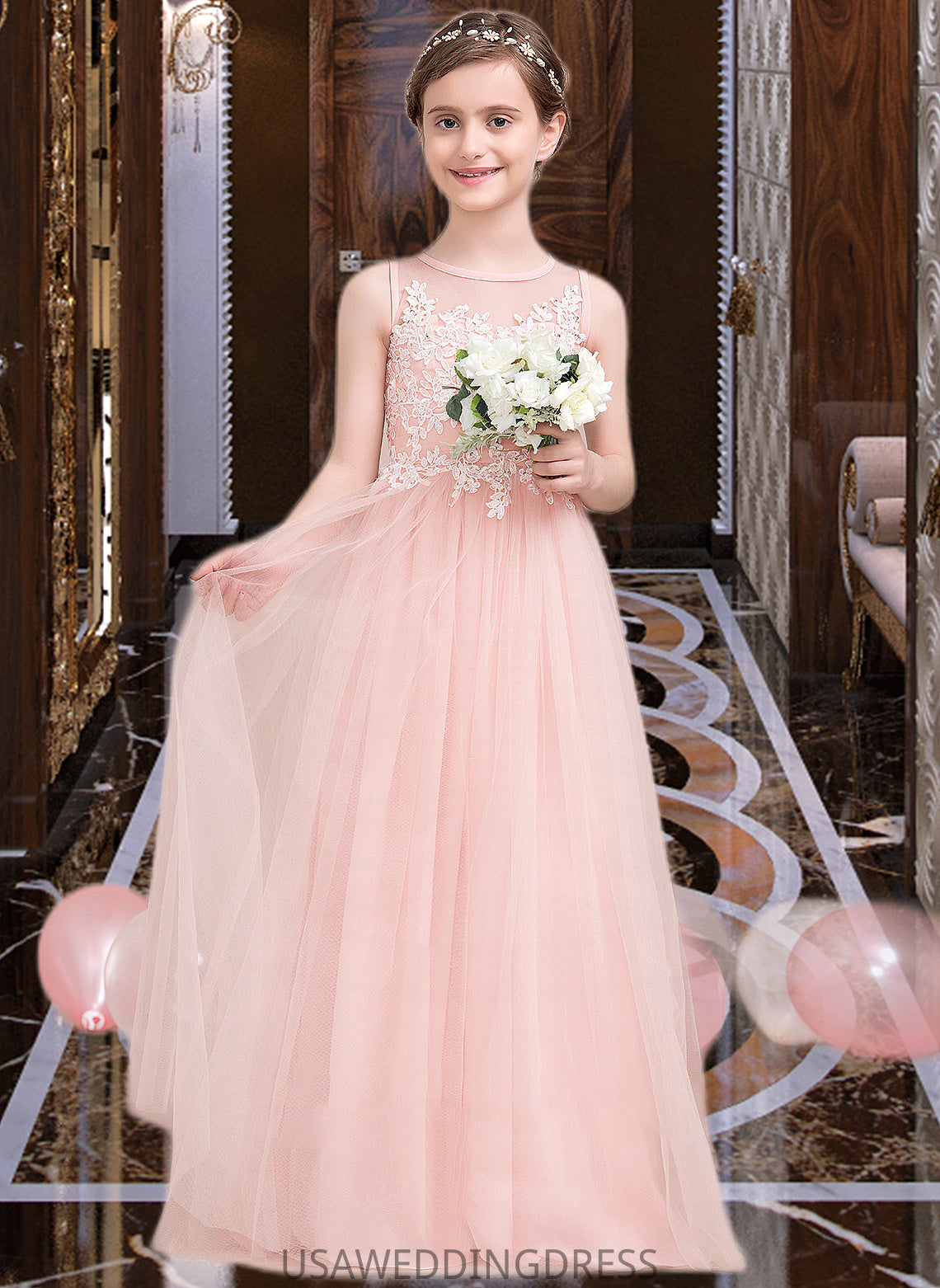 Diamond A-Line Scoop Neck Floor-Length Tulle Junior Bridesmaid Dress With Beading Sequins DSP0013444