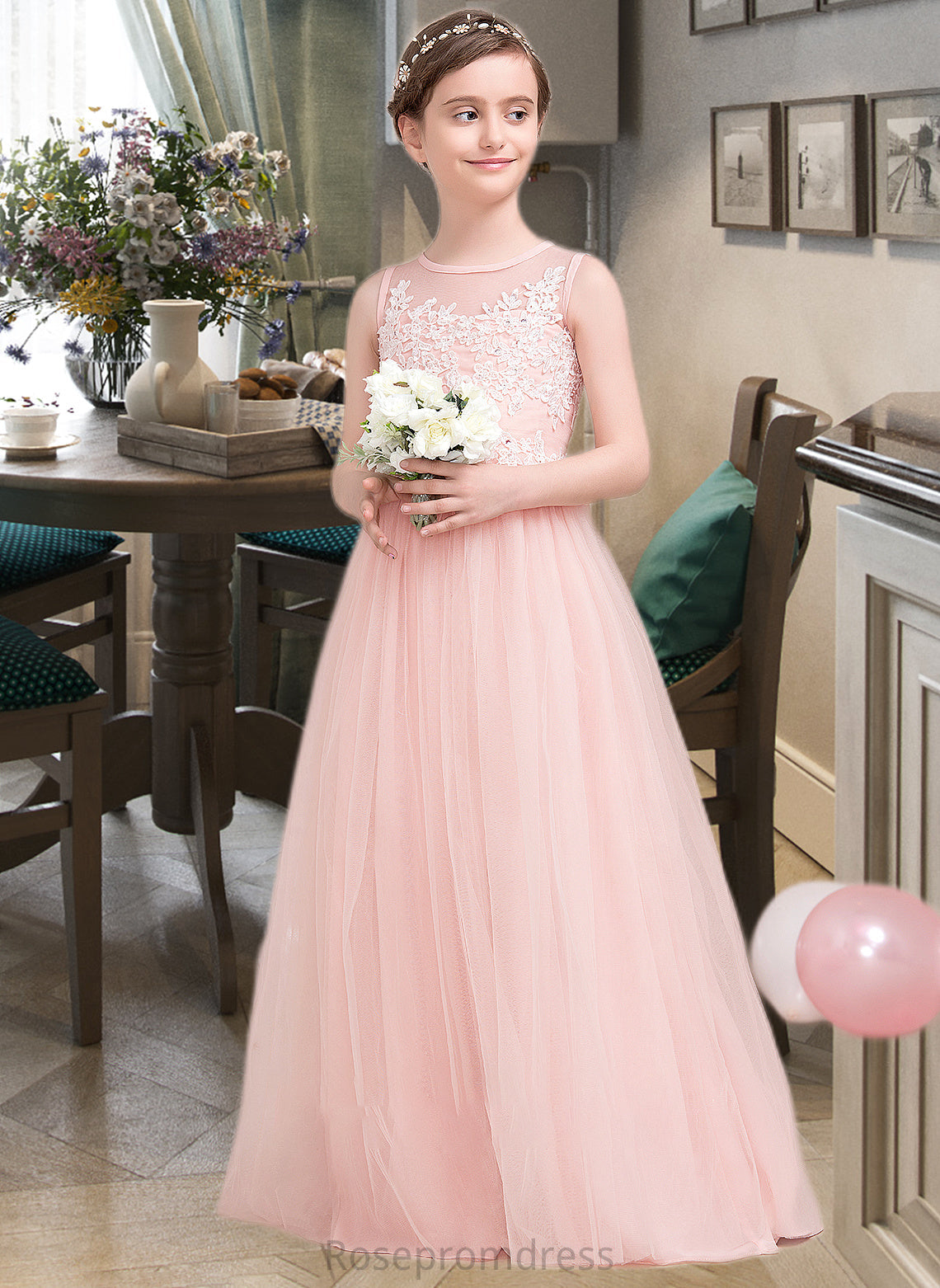 Mariela A-Line Scoop Neck Floor-Length Tulle Junior Bridesmaid Dress With Beading Sequins SRSP0013444