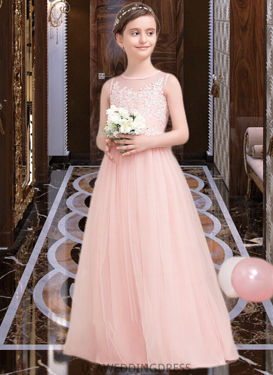 Diamond A-Line Scoop Neck Floor-Length Tulle Junior Bridesmaid Dress With Beading Sequins DSP0013444