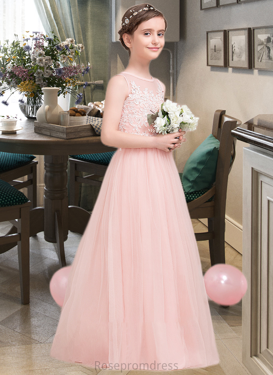 Mariela A-Line Scoop Neck Floor-Length Tulle Junior Bridesmaid Dress With Beading Sequins SRSP0013444